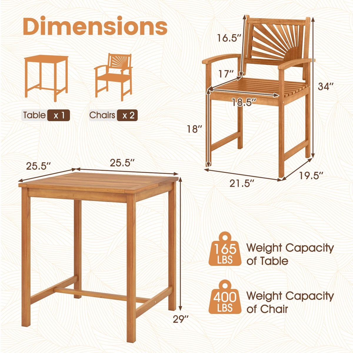 Illustrated wooden square table and two chairs with measurement arrows and capacity callouts.