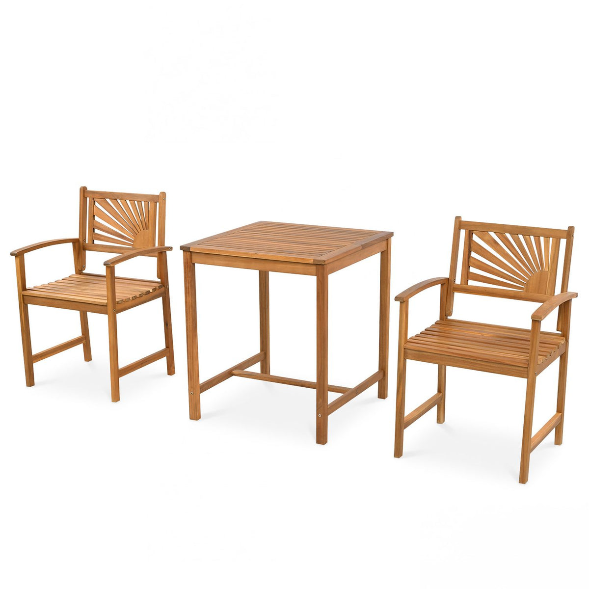 Two matching wooden armchairs flank a square slatted table against a white background.