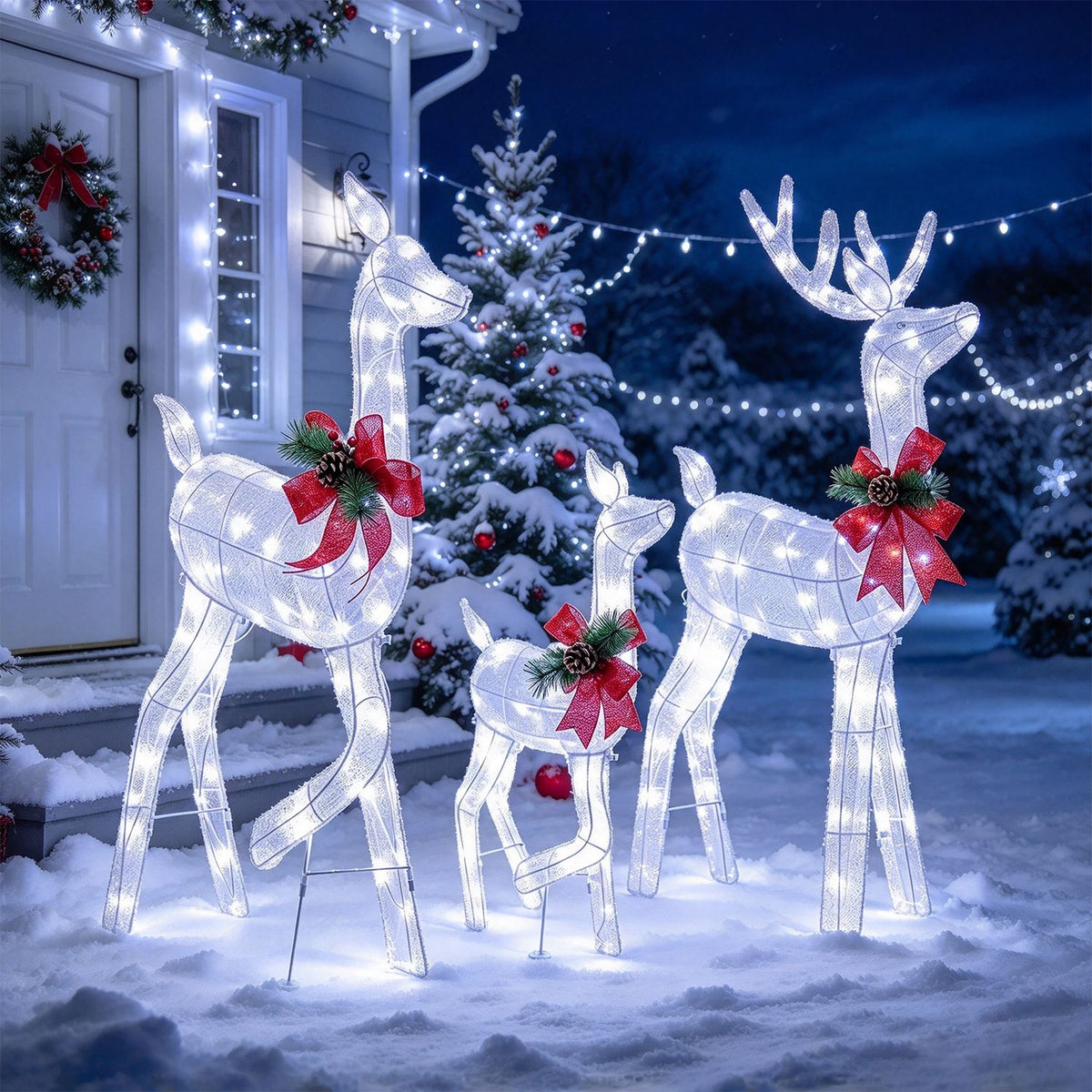 Three glowing white reindeer with red bows stand in snowy yard beside a decorated house and Christmas tree.