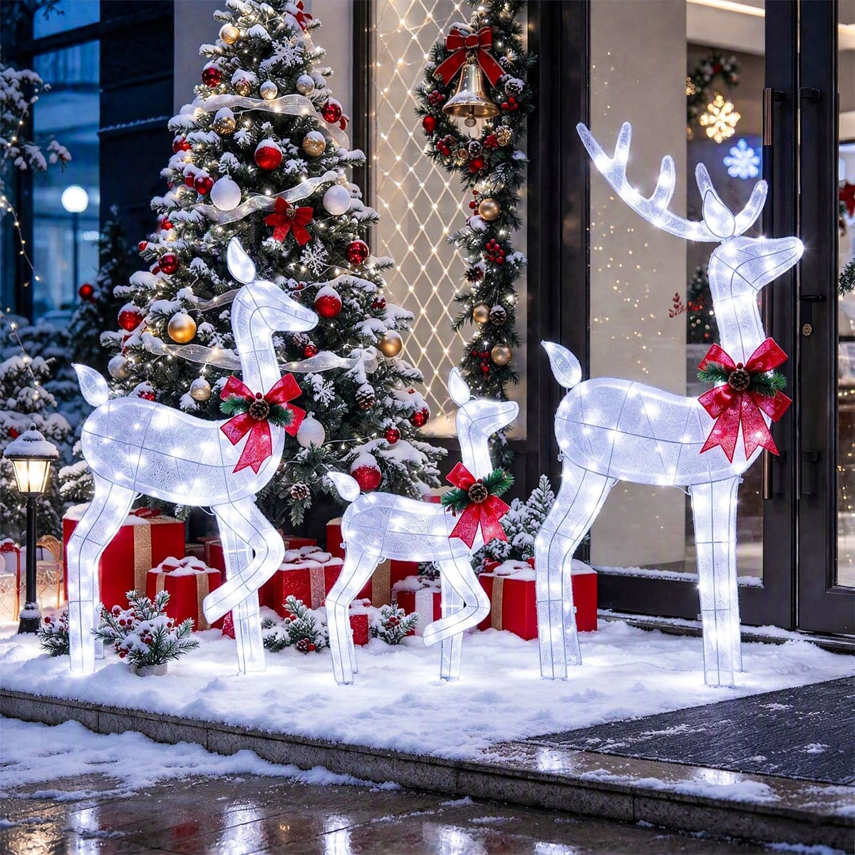 Lighted reindeer family stands in snow before a festive storefront with a wreath, tree, and wrapped gifts.