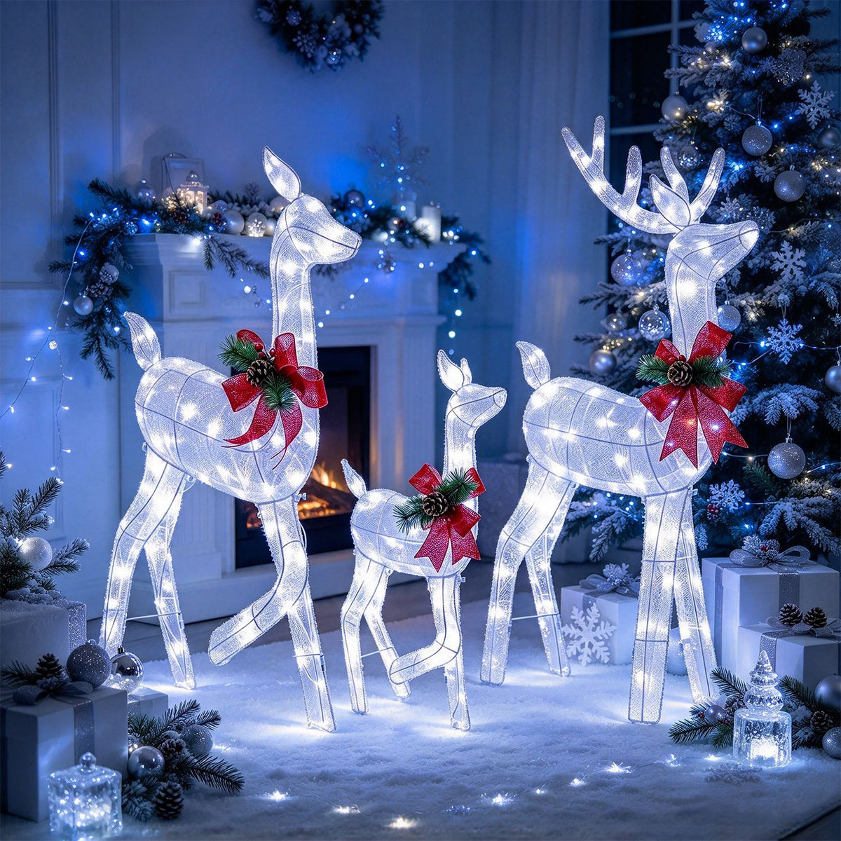 Three glowing white reindeer with red bows stand together beside a decorated Christmas tree and fireplace.