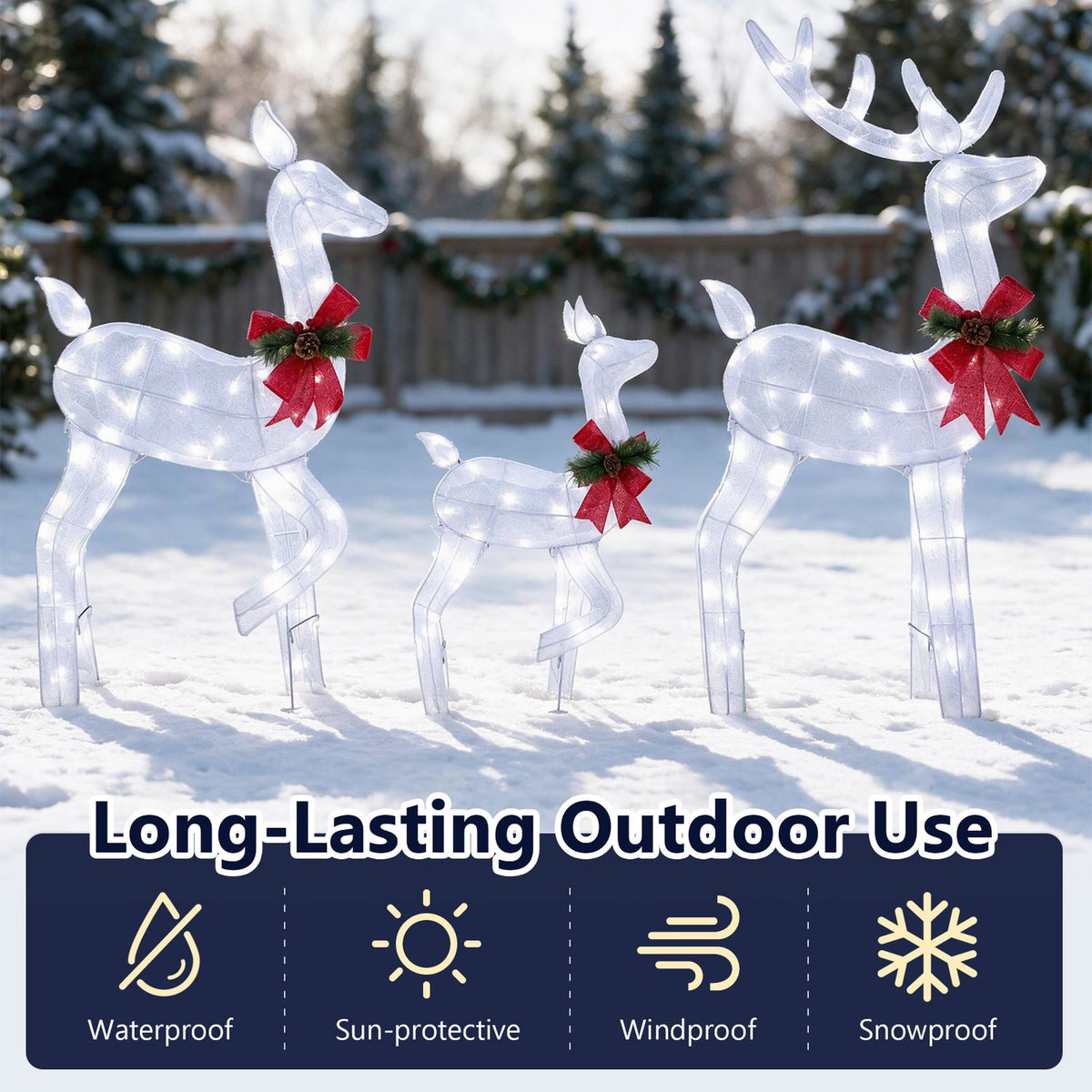 Three illuminated reindeer stand in snow, with red bows and a row of weather-related icons below.