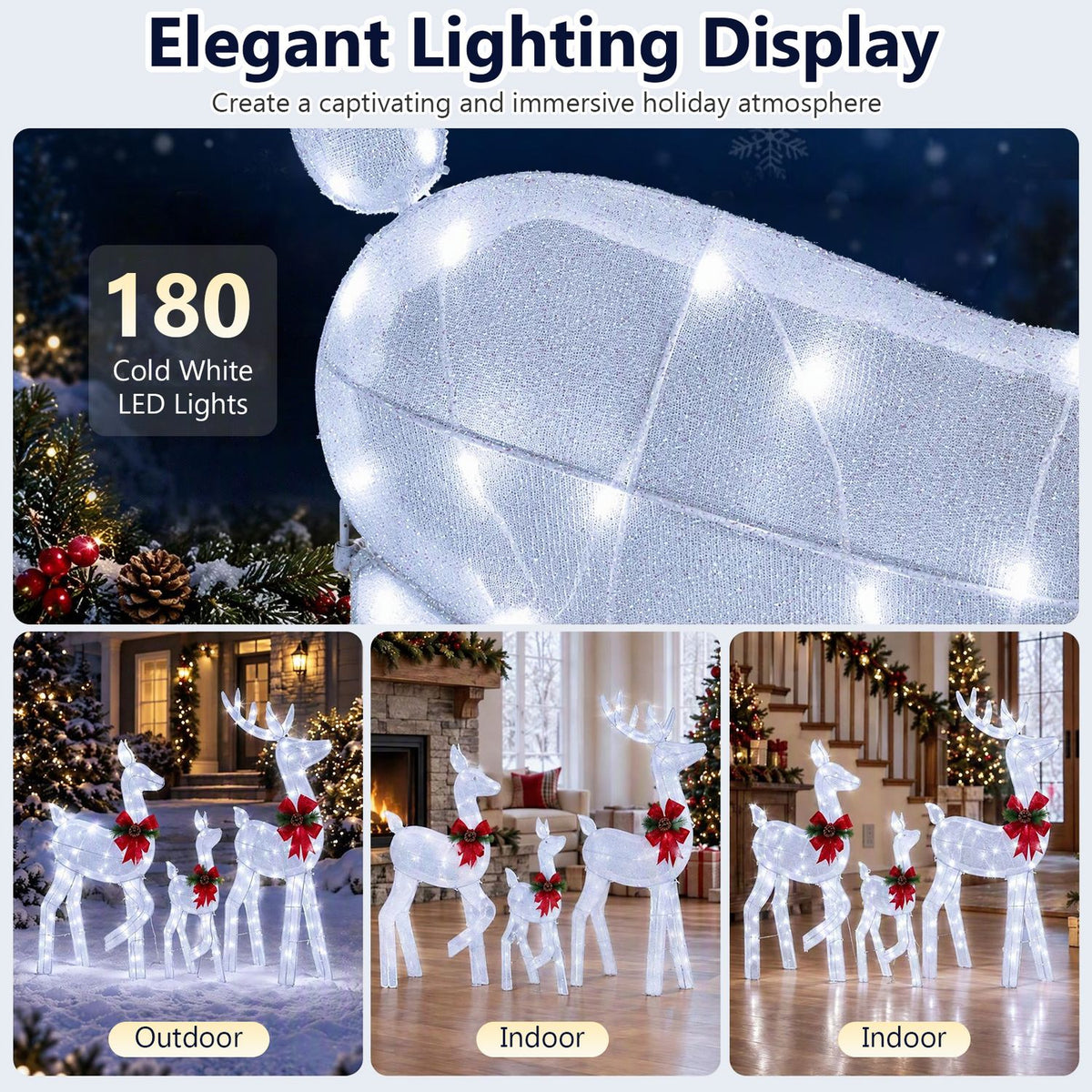 Close-up of a glowing reindeer frame above three small indoor and outdoor holiday display scenes.