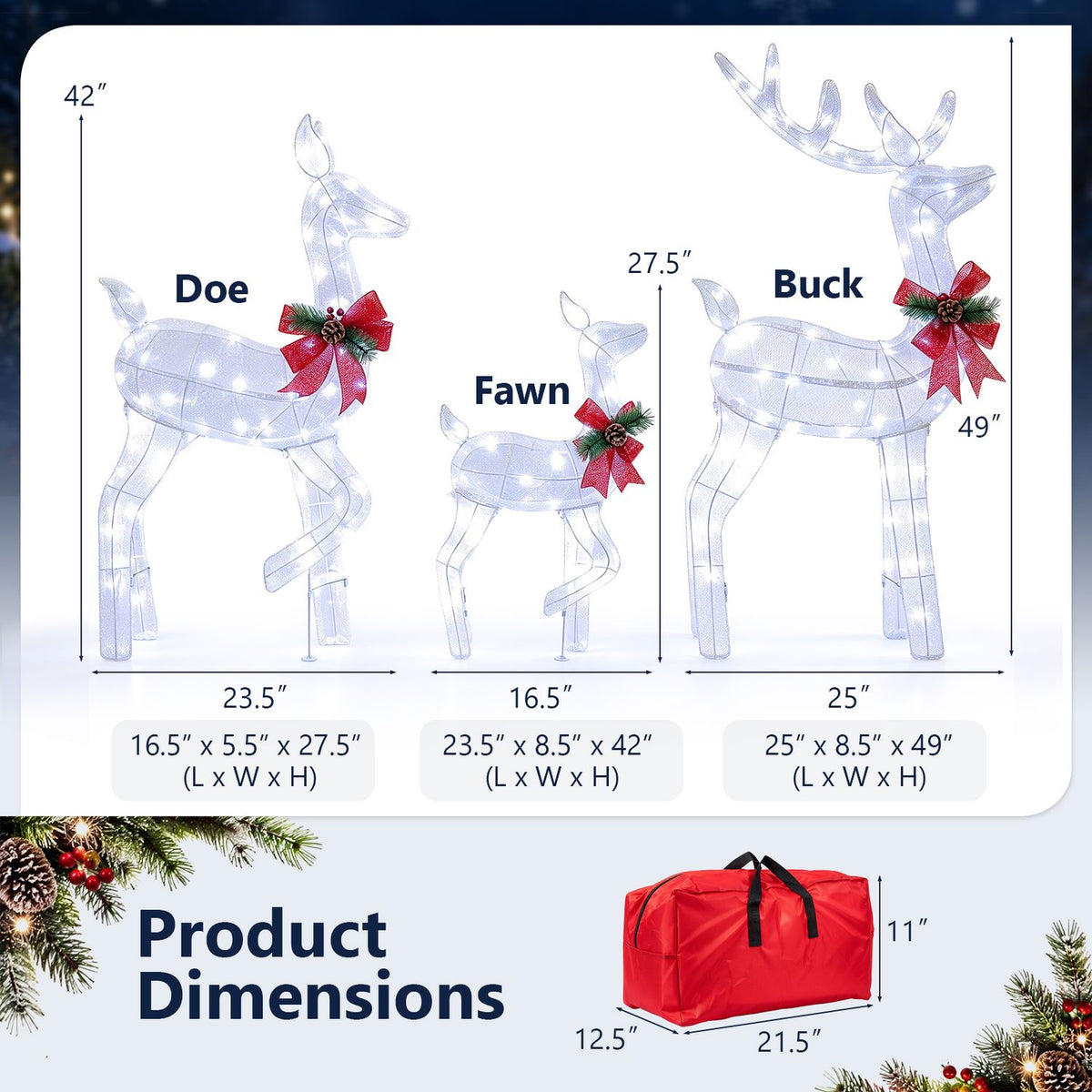 Three illuminated reindeer figures labeled doe, fawn, and buck, with measurement arrows and a red storage bag shown.