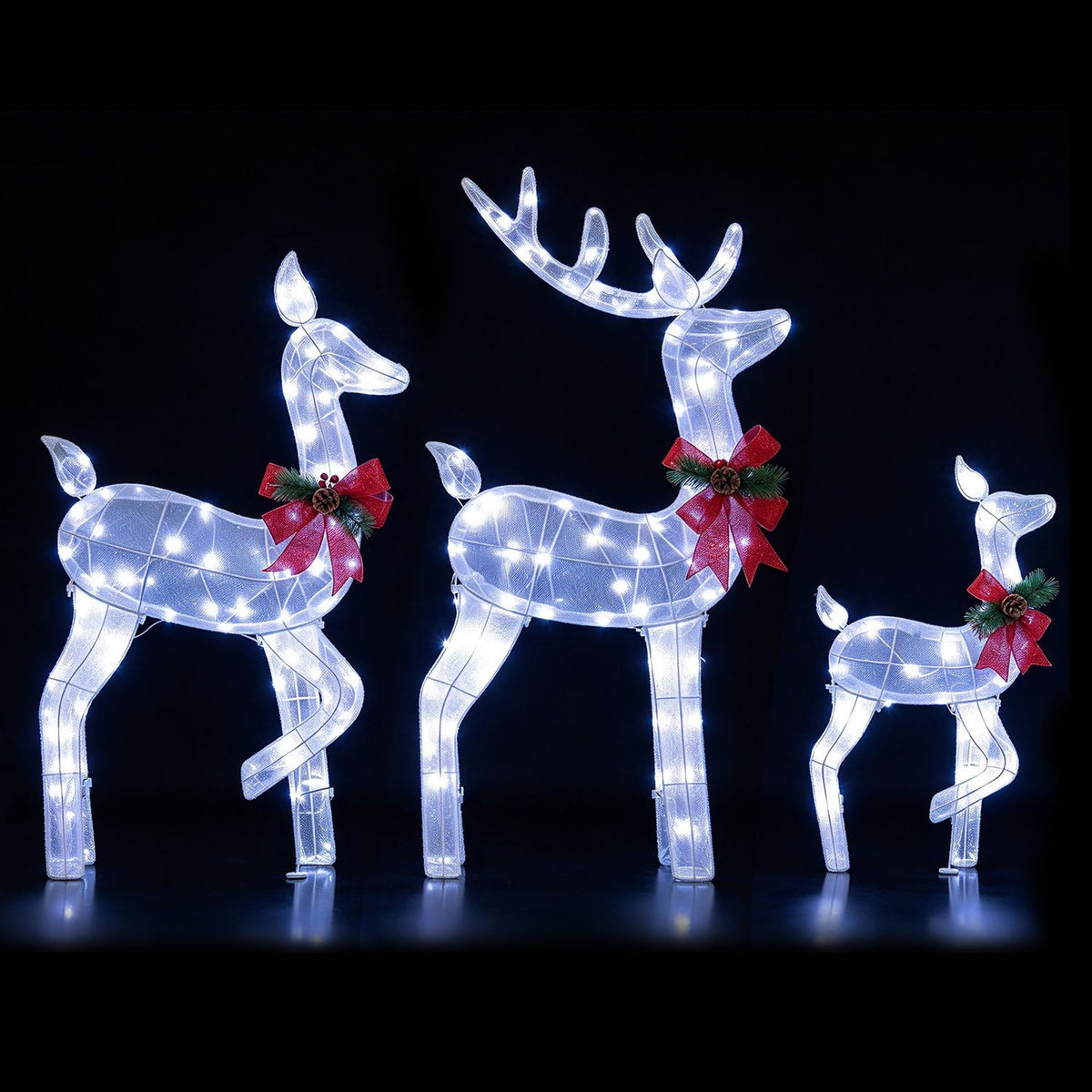 Three illuminated reindeer of different sizes appear against a black background, each wearing a red bow.
