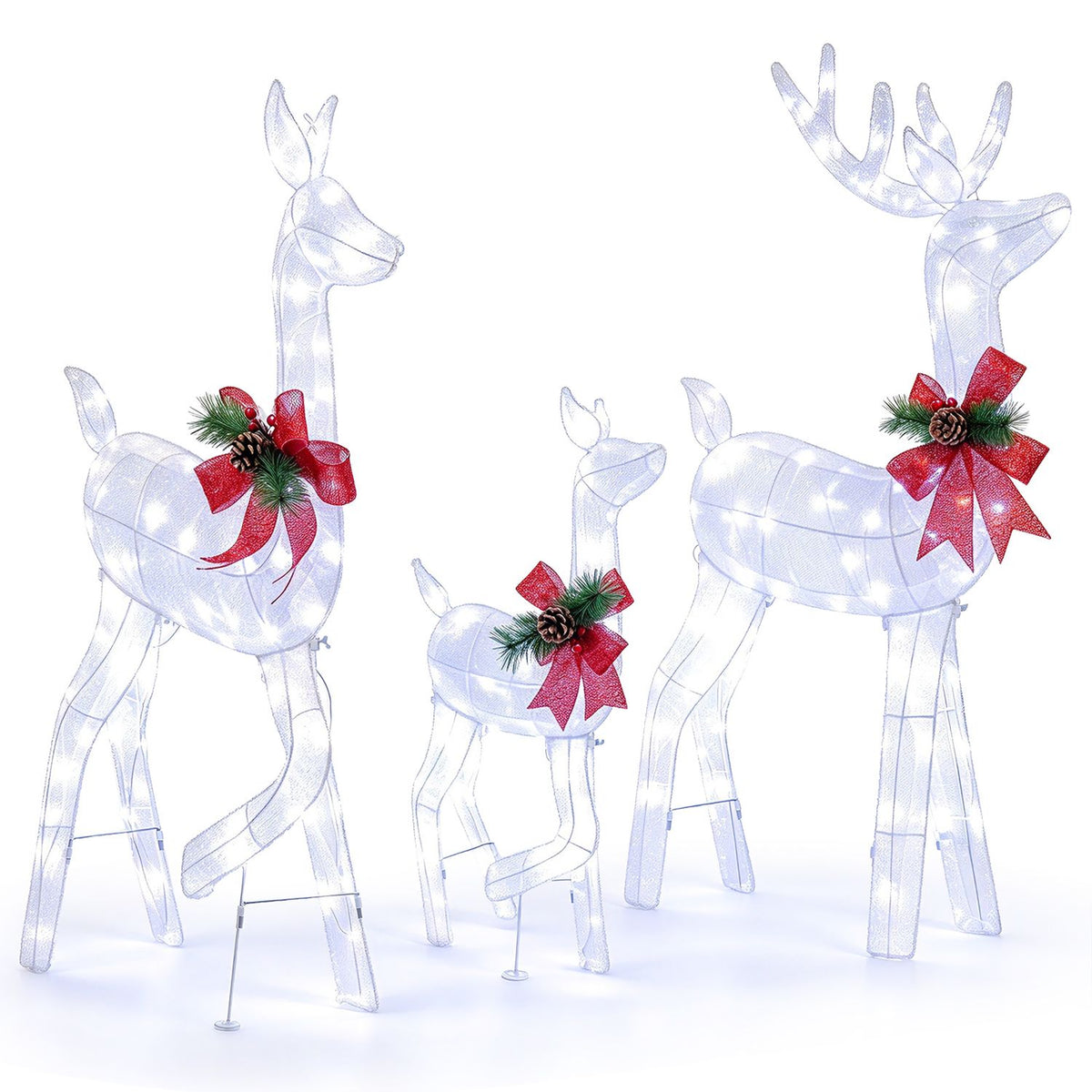 Three white wire reindeer with glowing lights and red bows are shown against a plain white background.
