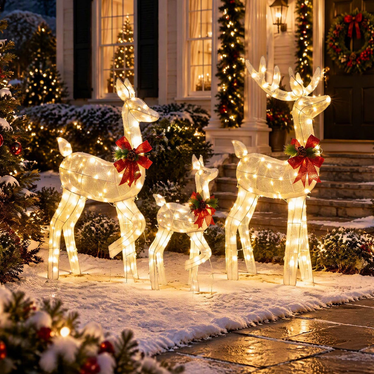 Three glowing wire reindeer with red bows stand in a snowy yard decorated for Christmas.