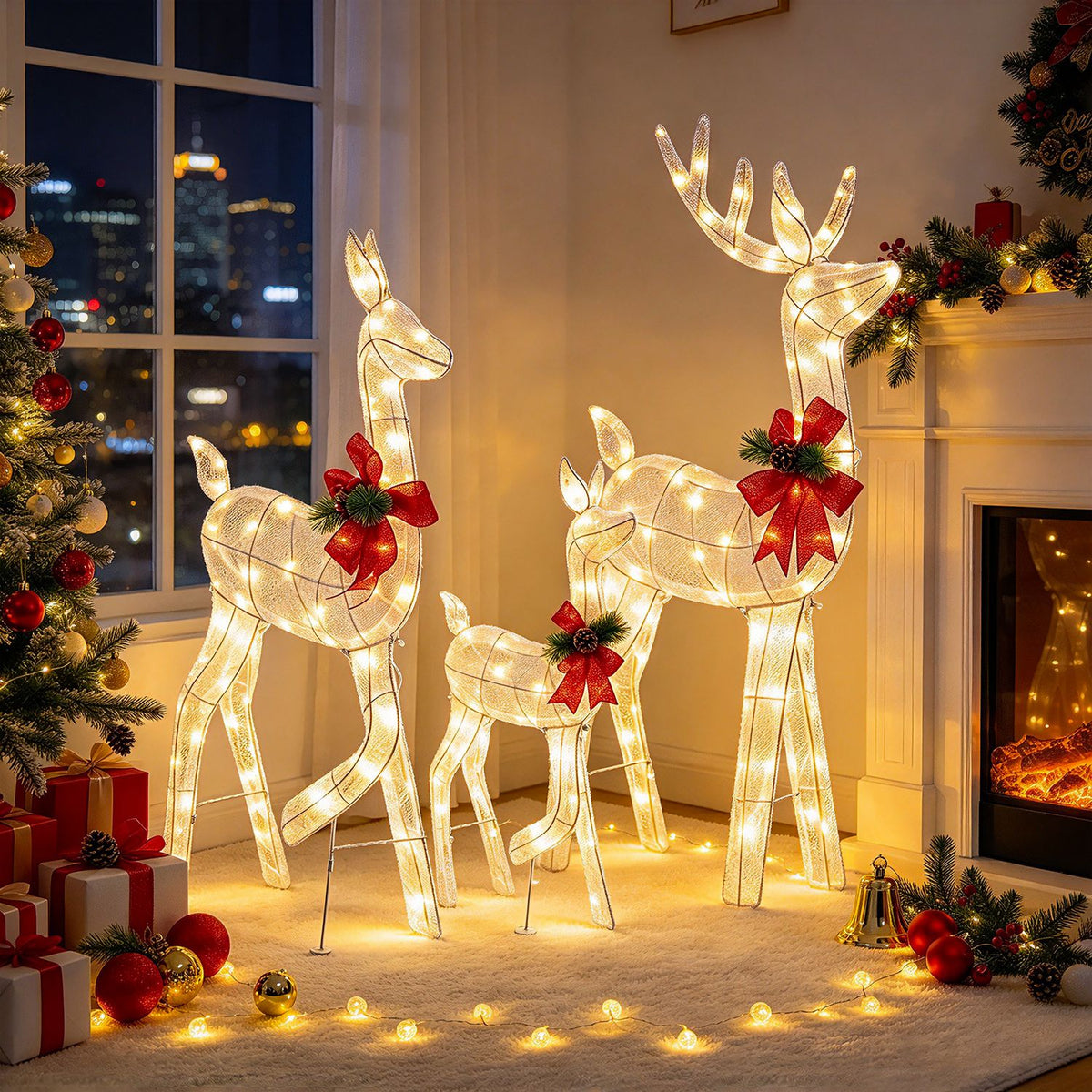 Three illuminated reindeer figures with red bows stand beside a decorated Christmas tree and fireplace.