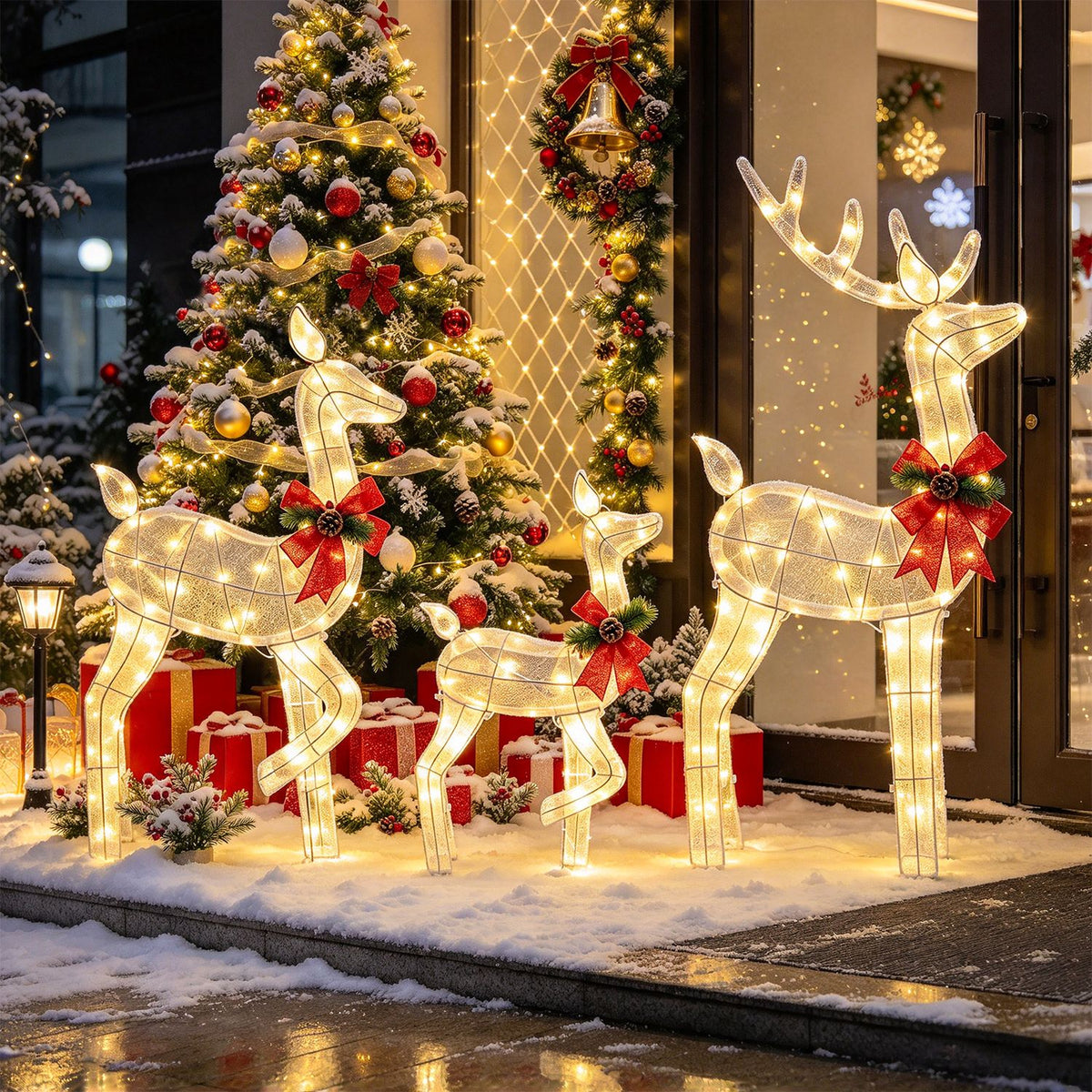 Three glowing reindeer with red bows stand in the snow beside a decorated Christmas tree and presents.
