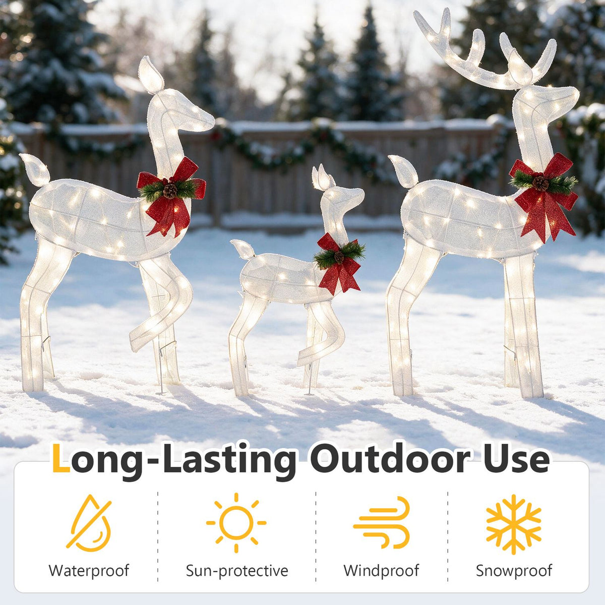 Three illuminated reindeer stand in a snowy yard above a row of weather-related icons.