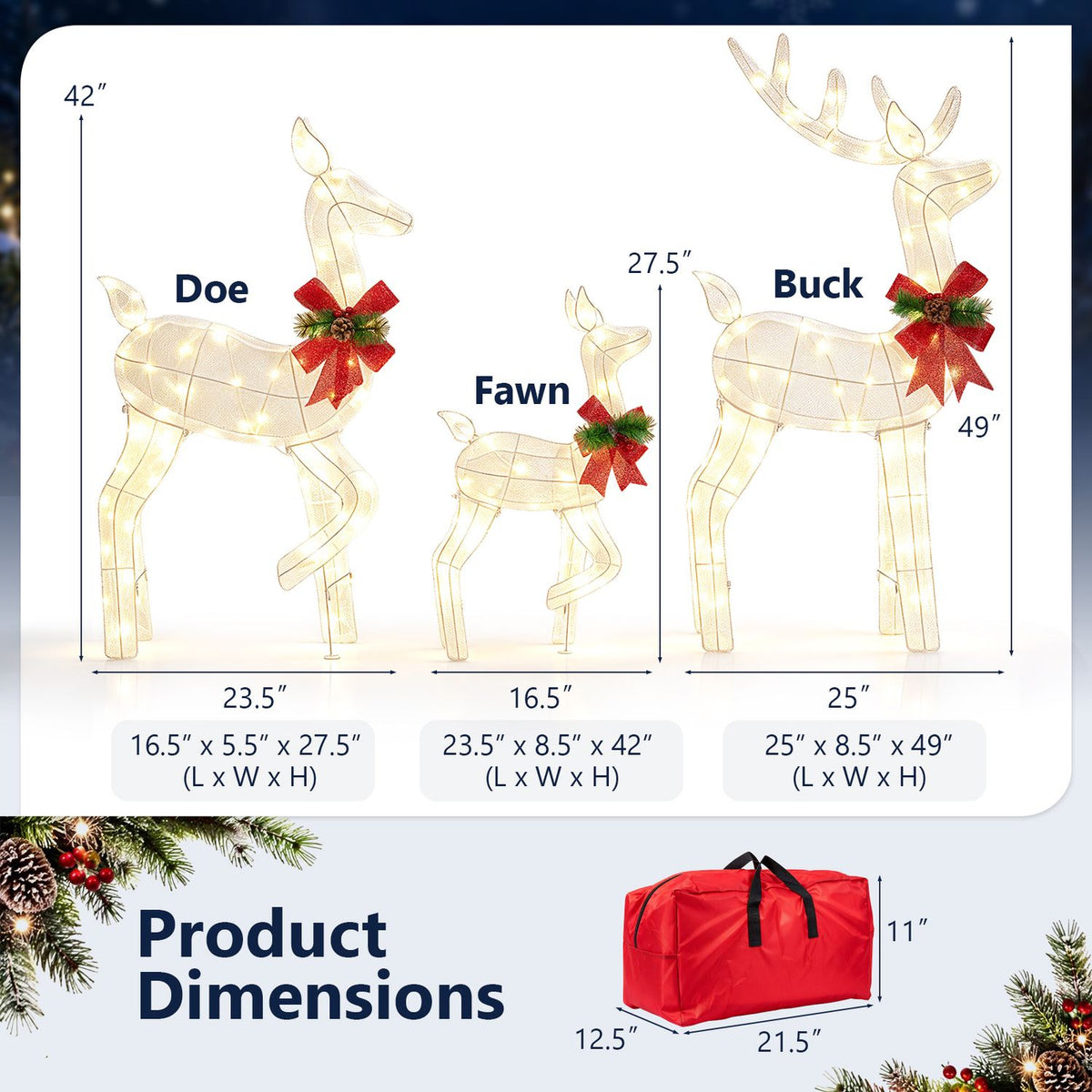 Three illuminated reindeer in different sizes, each wearing a red bow, shown with measurement lines.