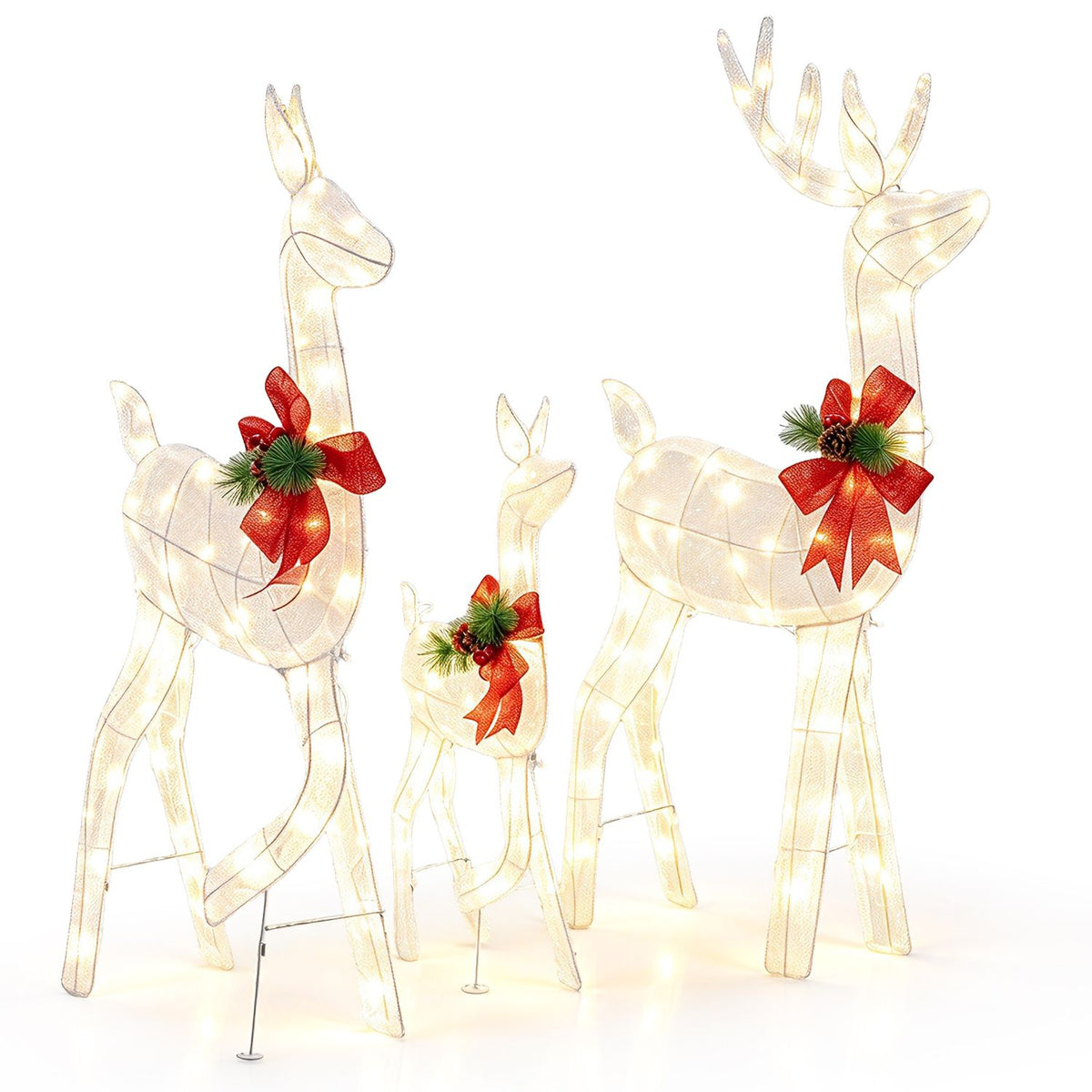 Three lighted wire reindeer with red bows are shown against a plain white background.