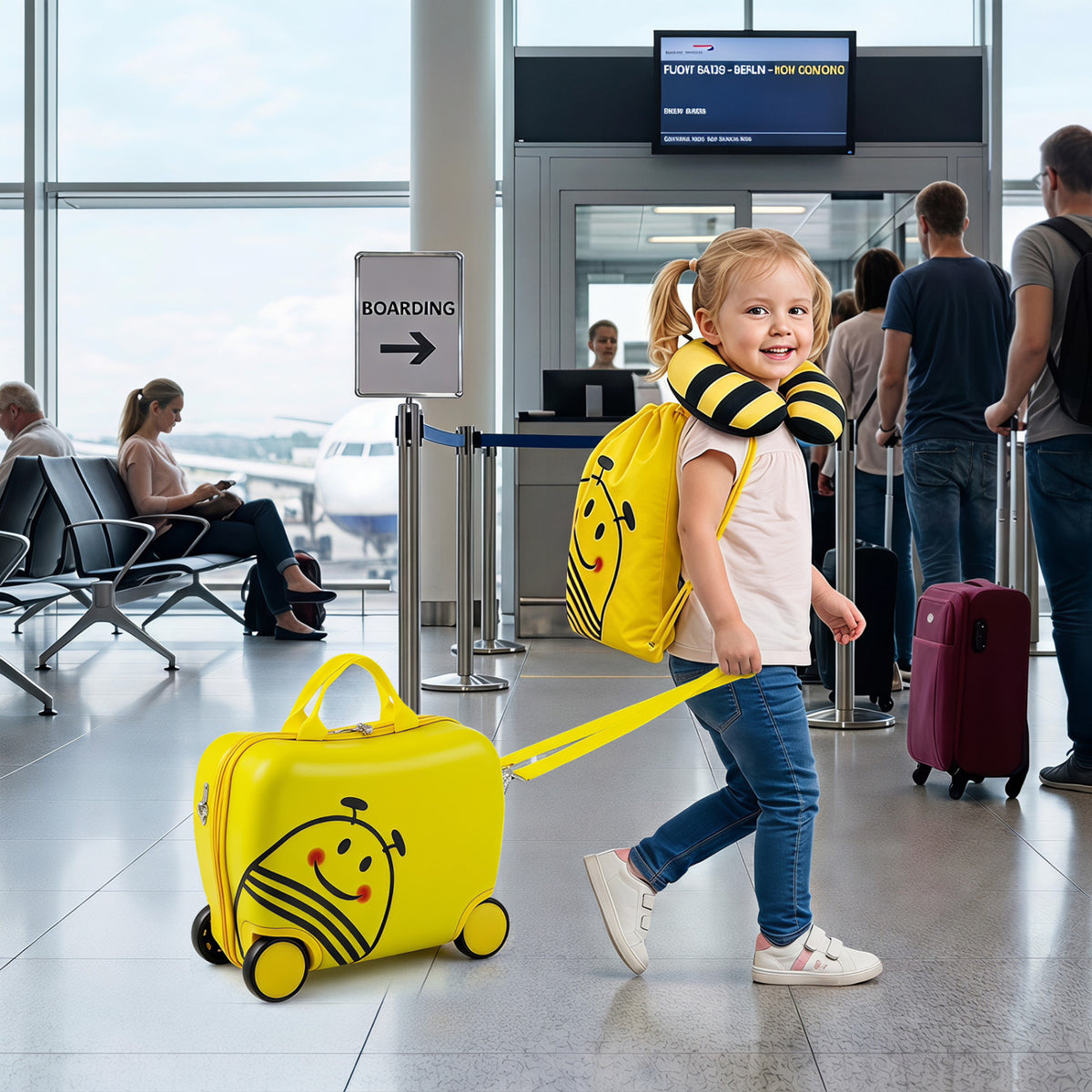 A child walks through an airport pulling a yellow smiley-face suitcase and wearing a matching backpack and neck pillow.