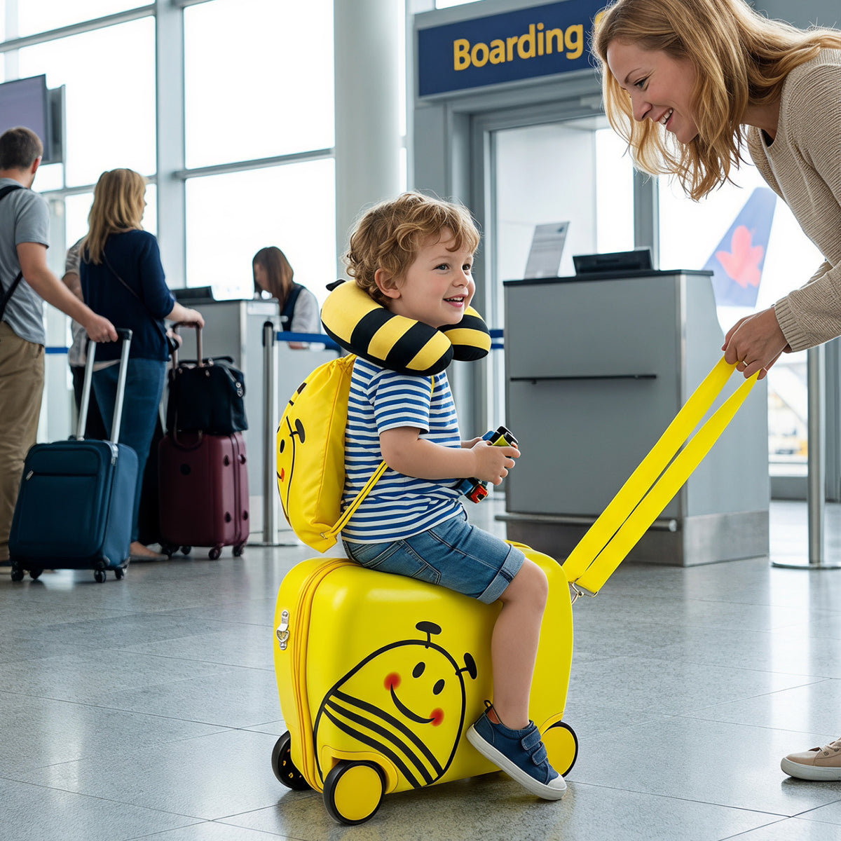 A child sits on a yellow smiley-face rolling suitcase as an adult holds its matching pull strap.
