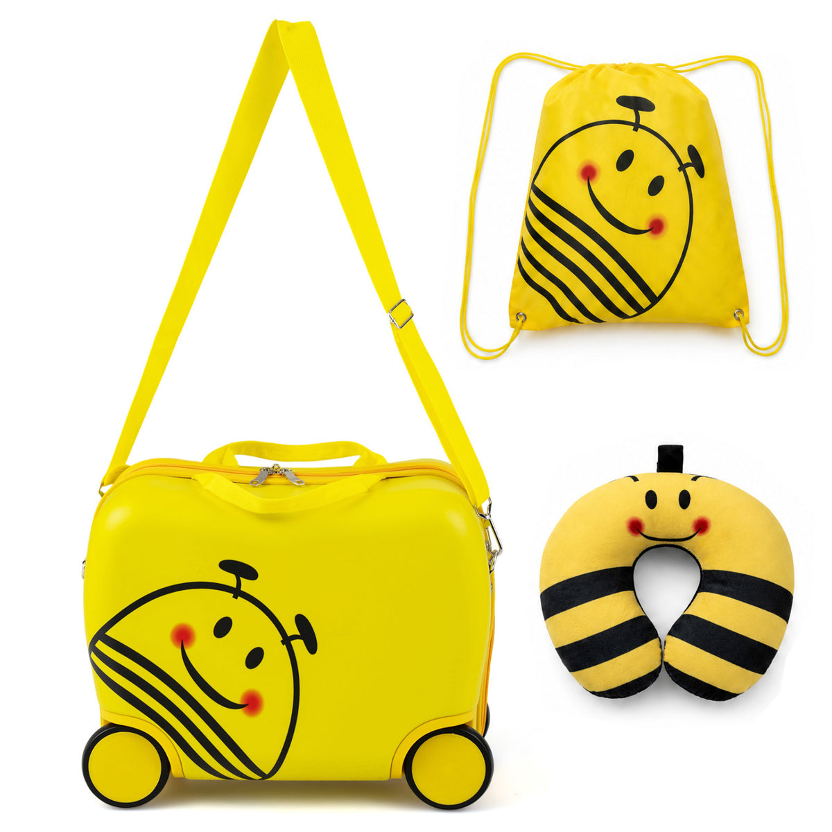 Yellow smiley-face rolling suitcase, drawstring backpack, and striped U-shaped neck pillow arranged on a white background.