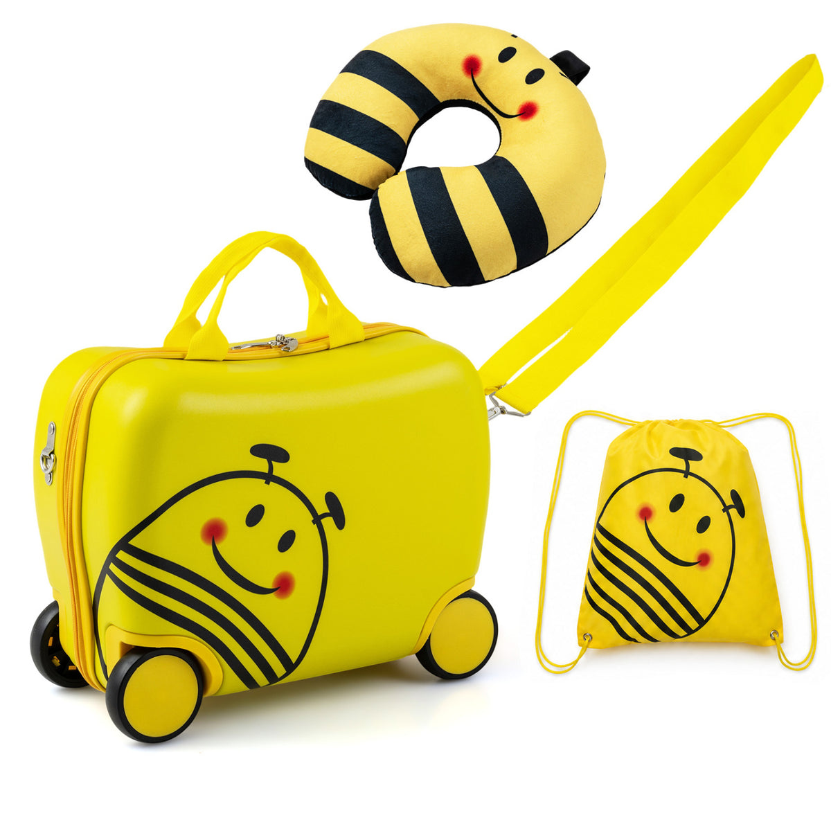 A yellow rolling suitcase with its matching drawstring backpack and striped neck pillow, shown separately on white.