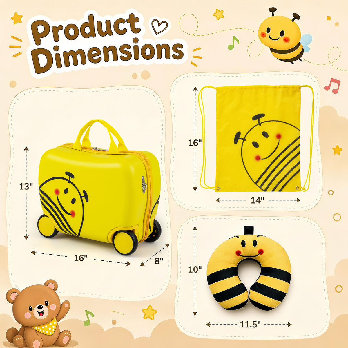 Yellow bee-print wheeled suitcase, drawstring backpack, and neck pillow shown with dimension arrows.