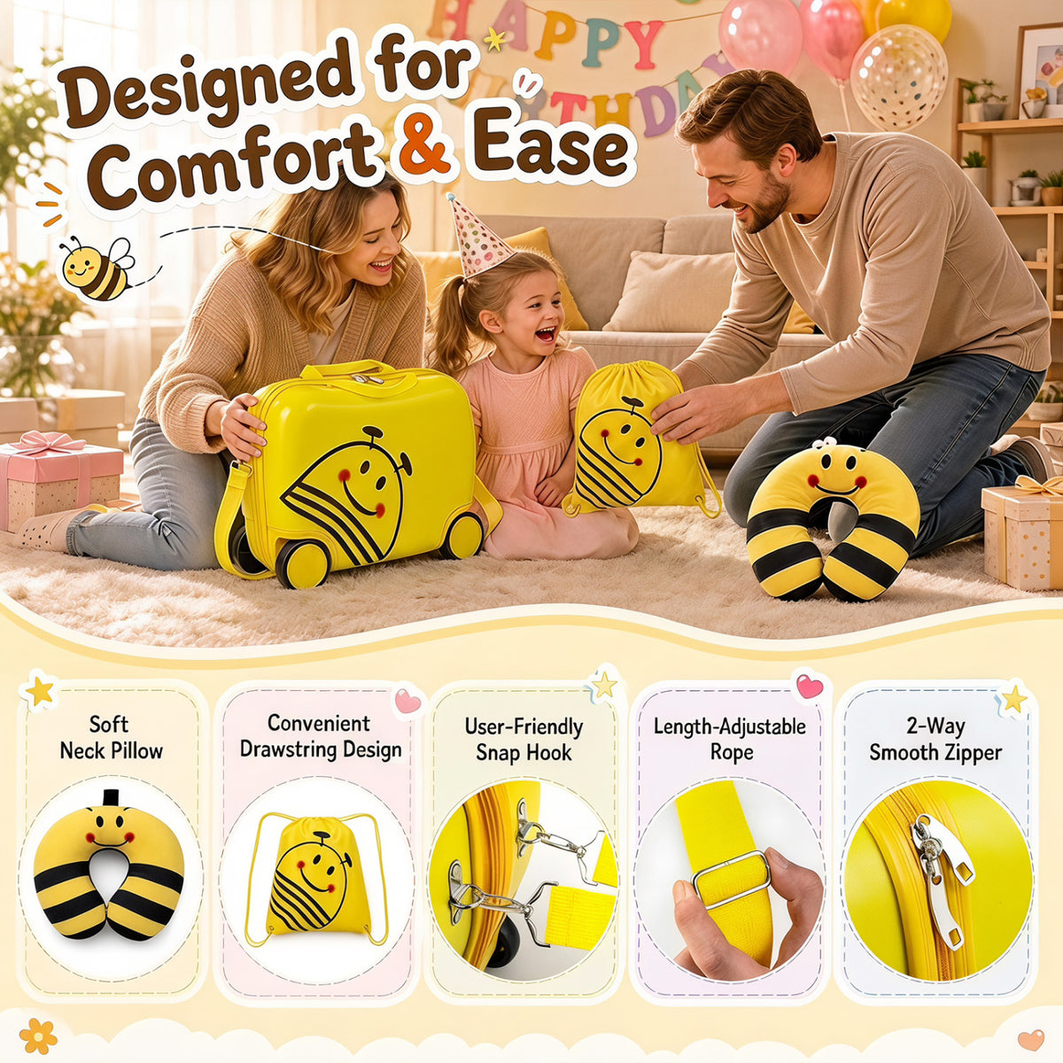 Family with yellow bee-print luggage and pillow above close-ups of the pillow, backpack, hook, rope, and zipper.