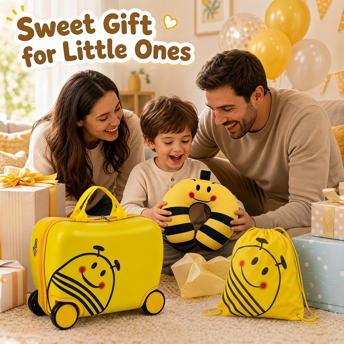Parents and child admire a yellow bee-print suitcase, drawstring backpack, and neck pillow among gift boxes.