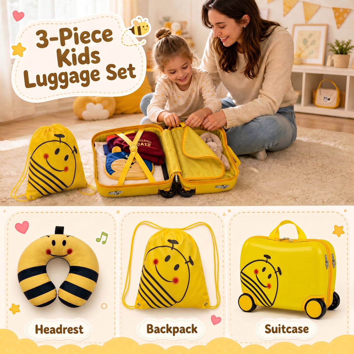 Open yellow suitcase beside a child and adult, with separate views of the matching backpack, neck pillow, and suitcase.