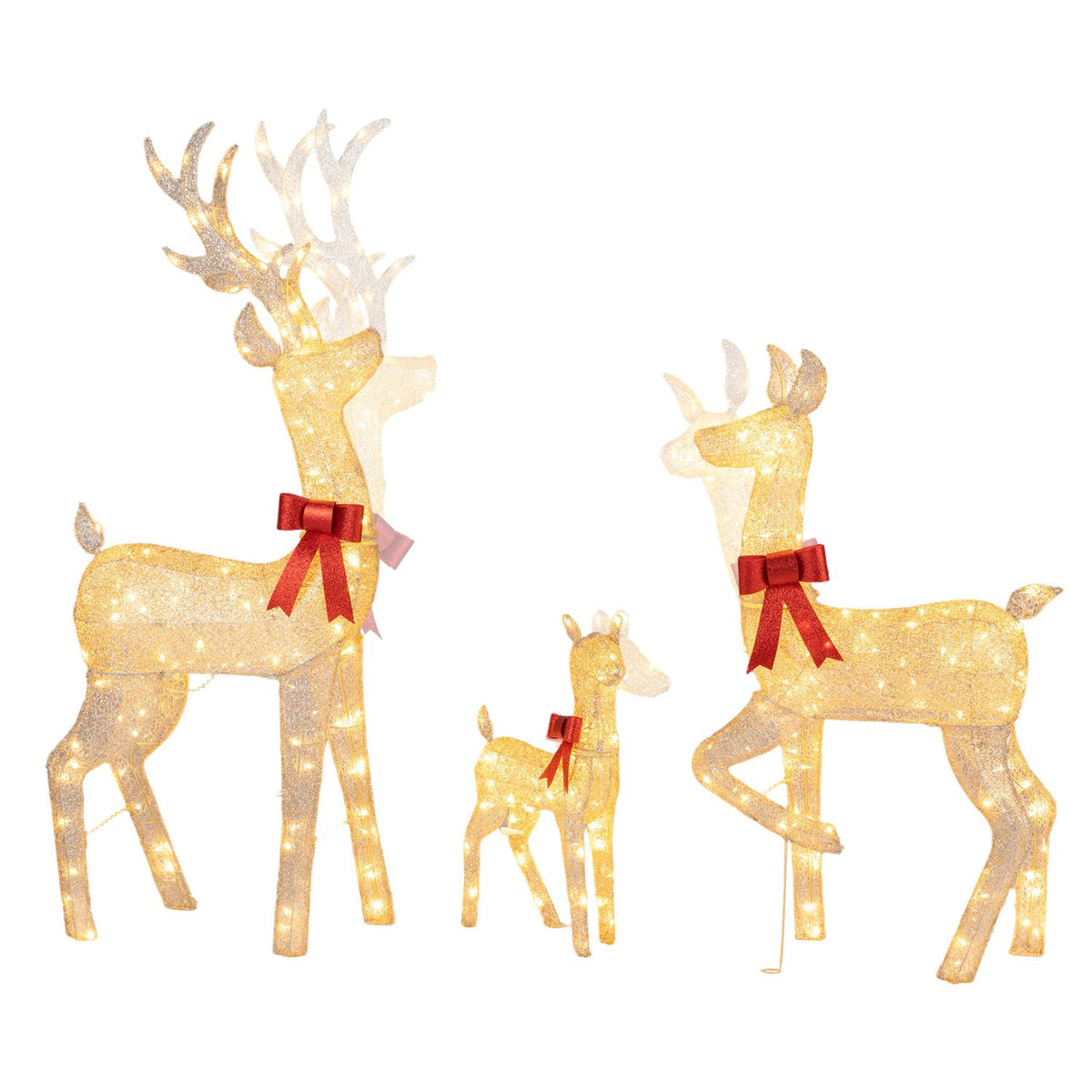 Three golden, glittering reindeer figures with red bows shown against a white background.