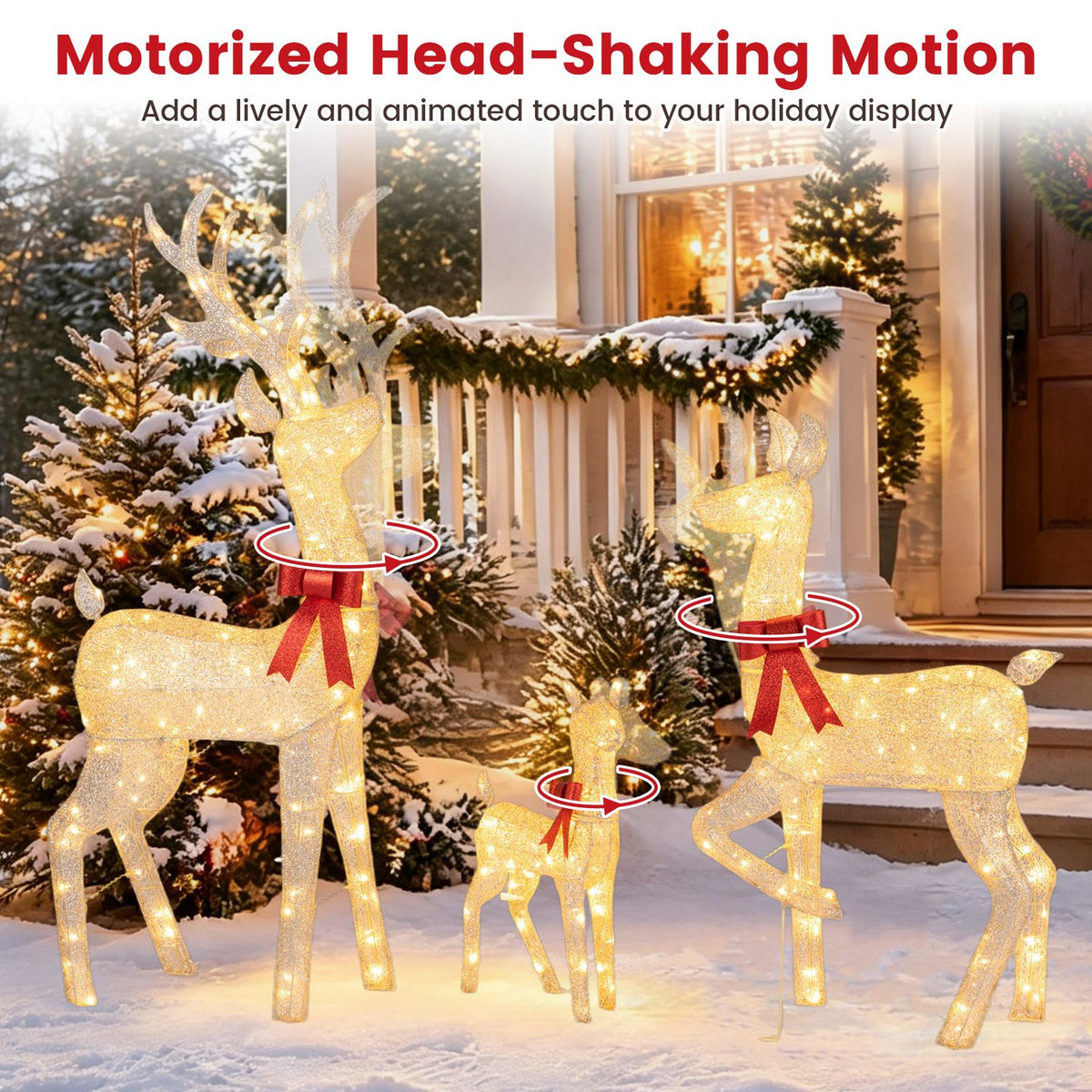 Three glowing reindeer stand in the snow, with red bows and circular motion arrows around their heads.