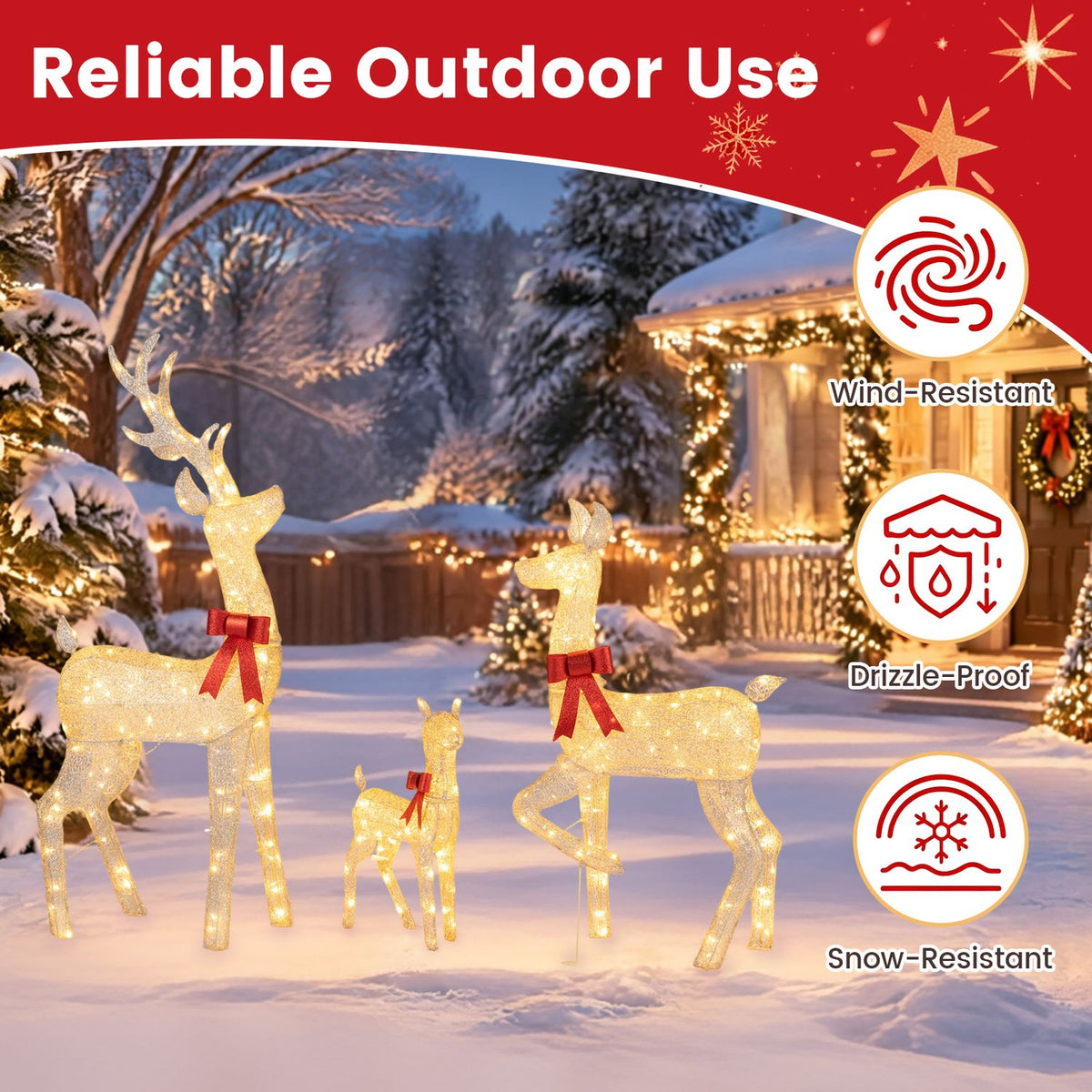 A lit reindeer family stands in a snowy yard beside three weather-resistance icons.