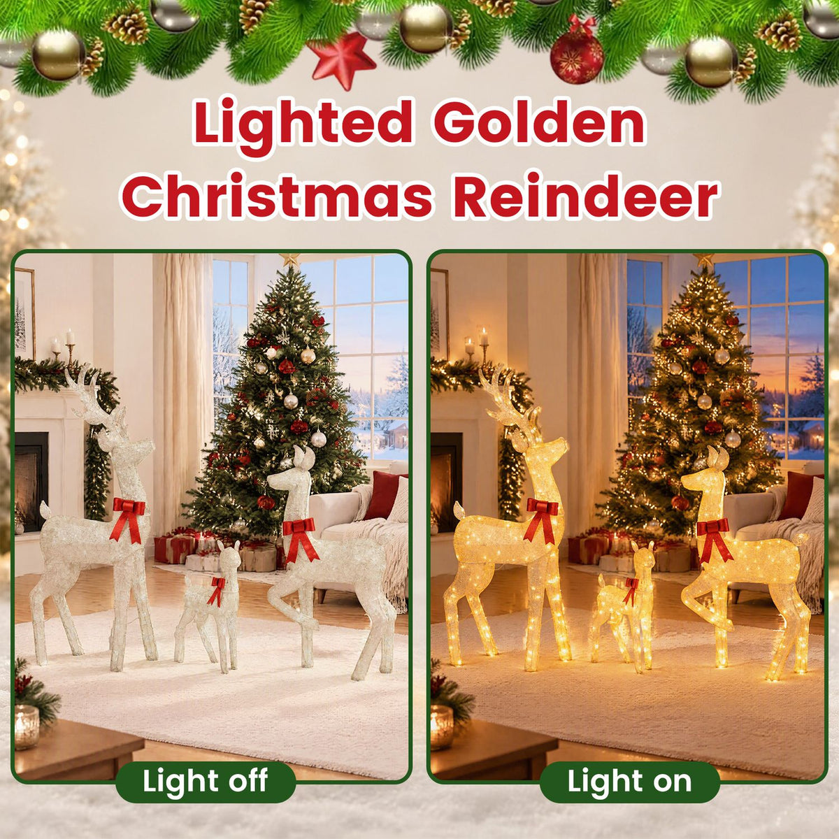 Two side-by-side living room scenes show the reindeer family unlit and glowing beside a Christmas tree.
