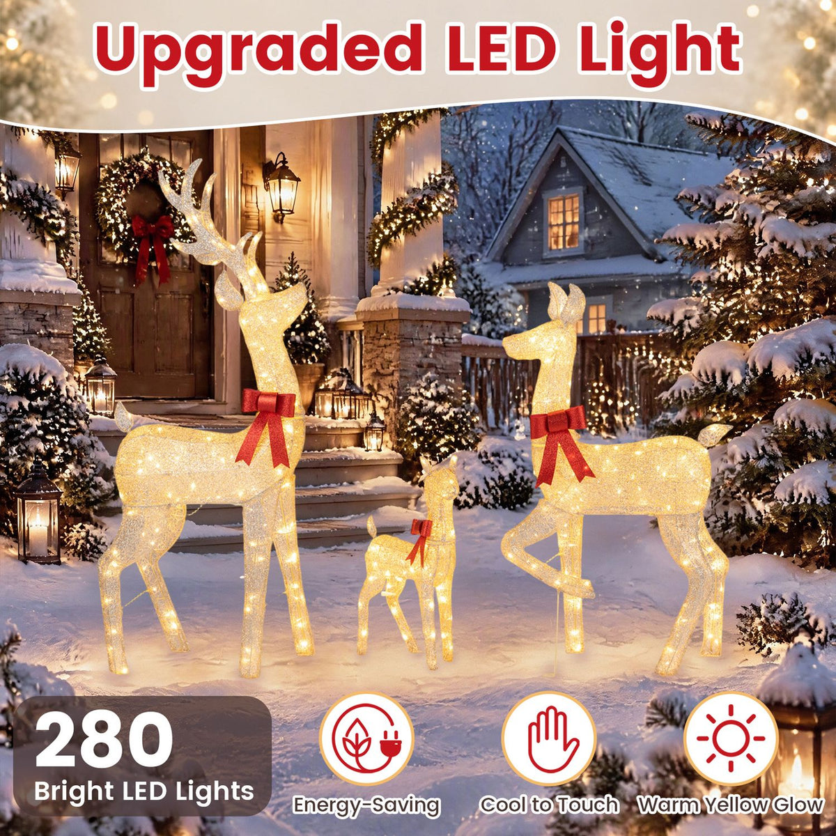 Three glowing reindeer stand in a snowy entryway, with circular feature icons along the bottom.
