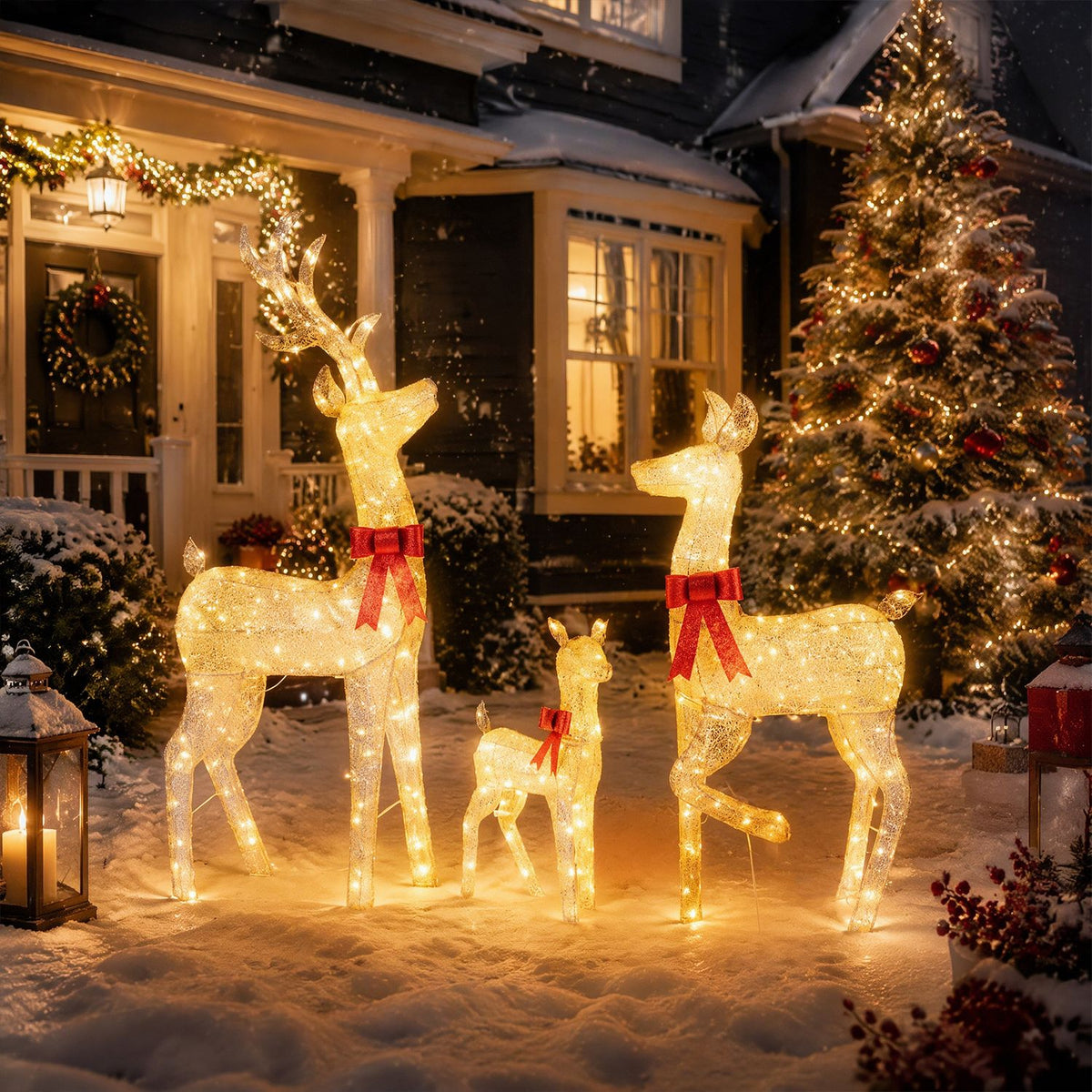 Three glowing reindeer with red bows stand in the snow beside a decorated Christmas tree.