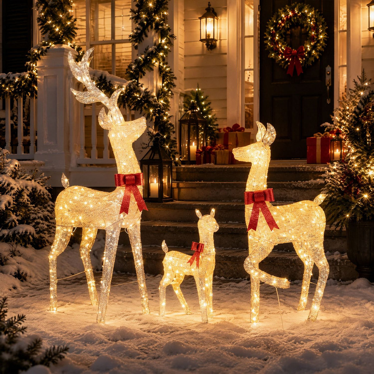 A family of three illuminated reindeer stands on a snowy porch in front of holiday decorations.