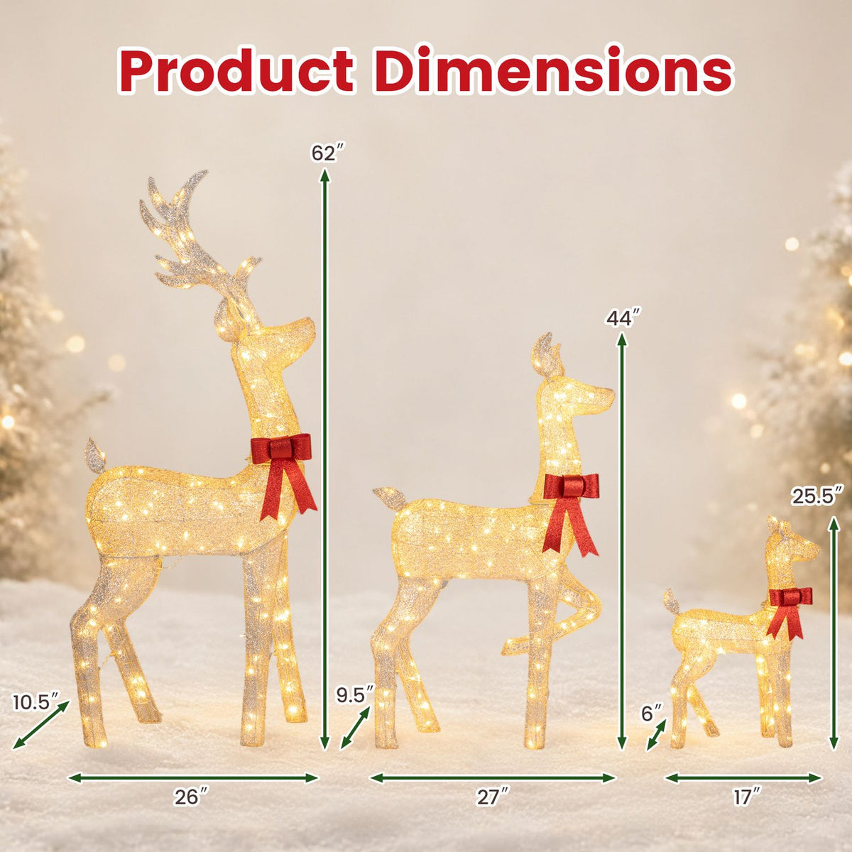 Three illuminated reindeer figures are shown with measurement arrows on a pale background.