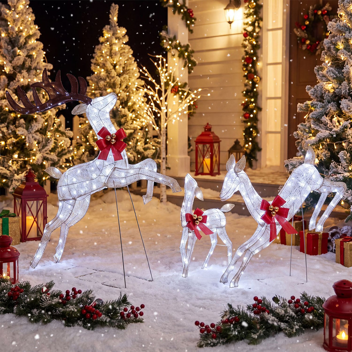 Three illuminated reindeer with red bows stand in a snowy yard among decorated trees and lanterns.