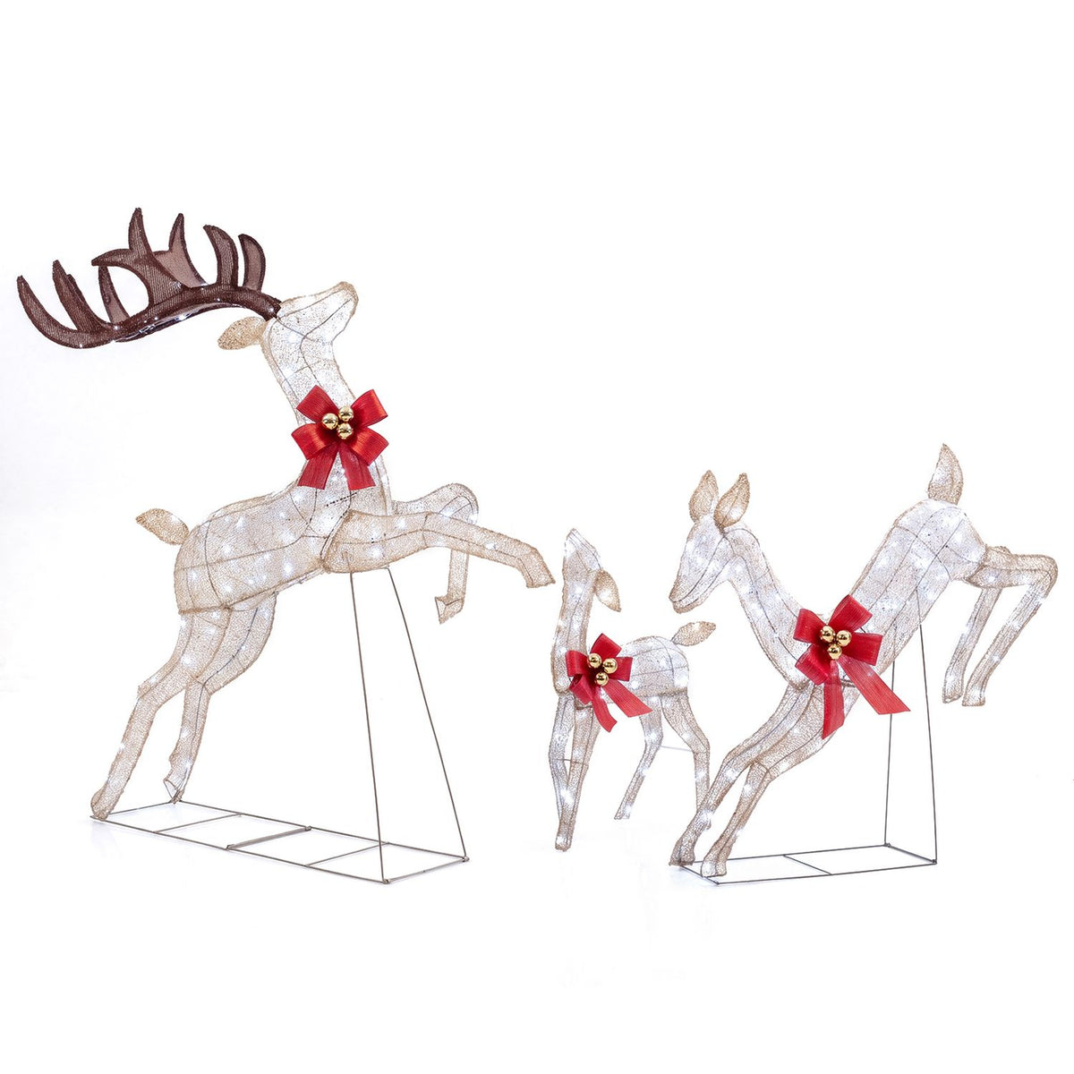 Three sparkling reindeer figures with red bows are shown together against a plain white background.