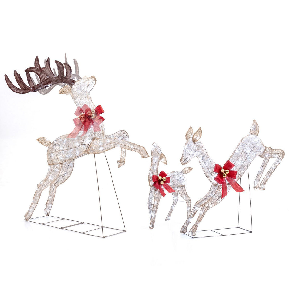 Three illuminated reindeer appear on white, with overlapping positions around the large reindeer's head and antlers.