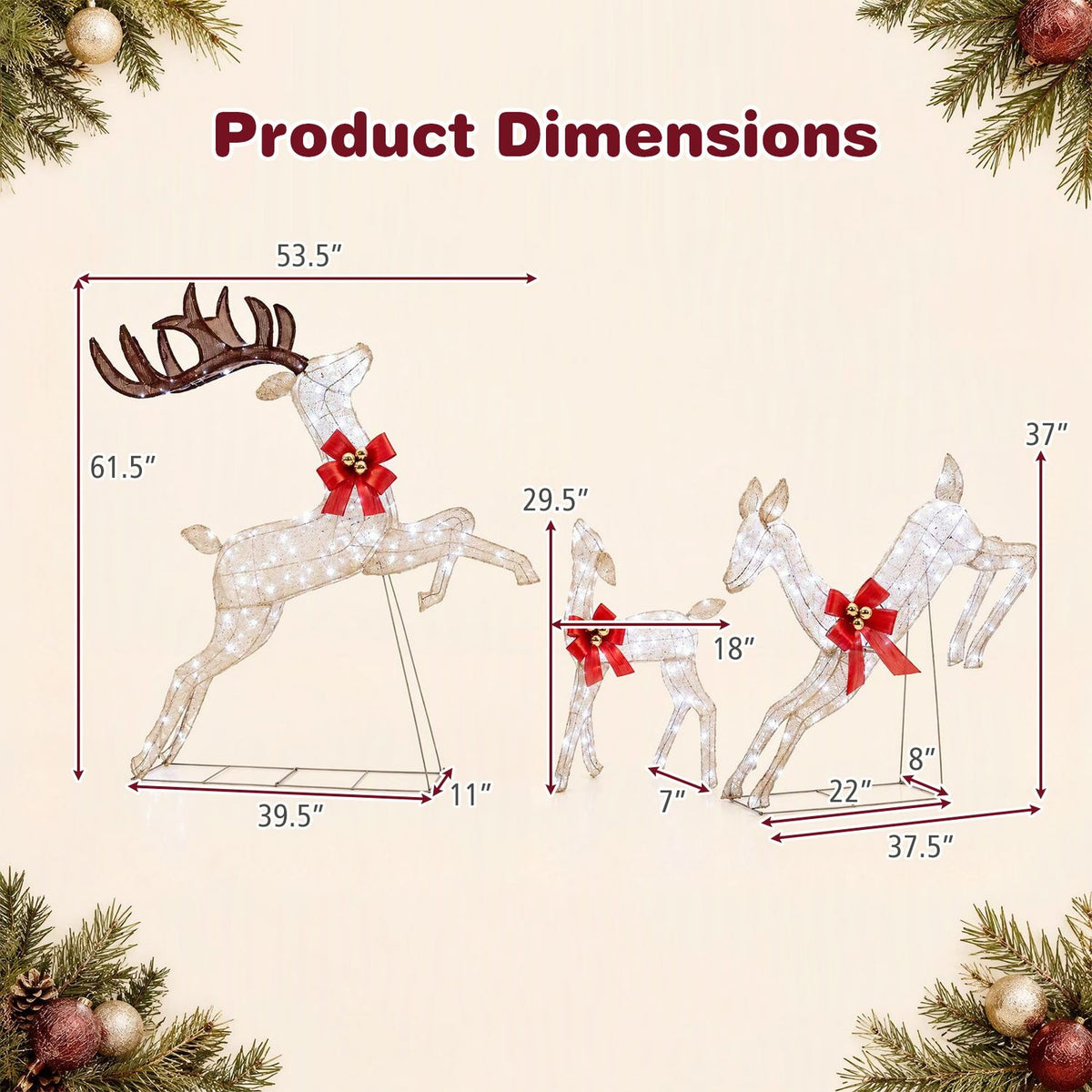 Three illuminated reindeer shown with measurement arrows on a cream background.