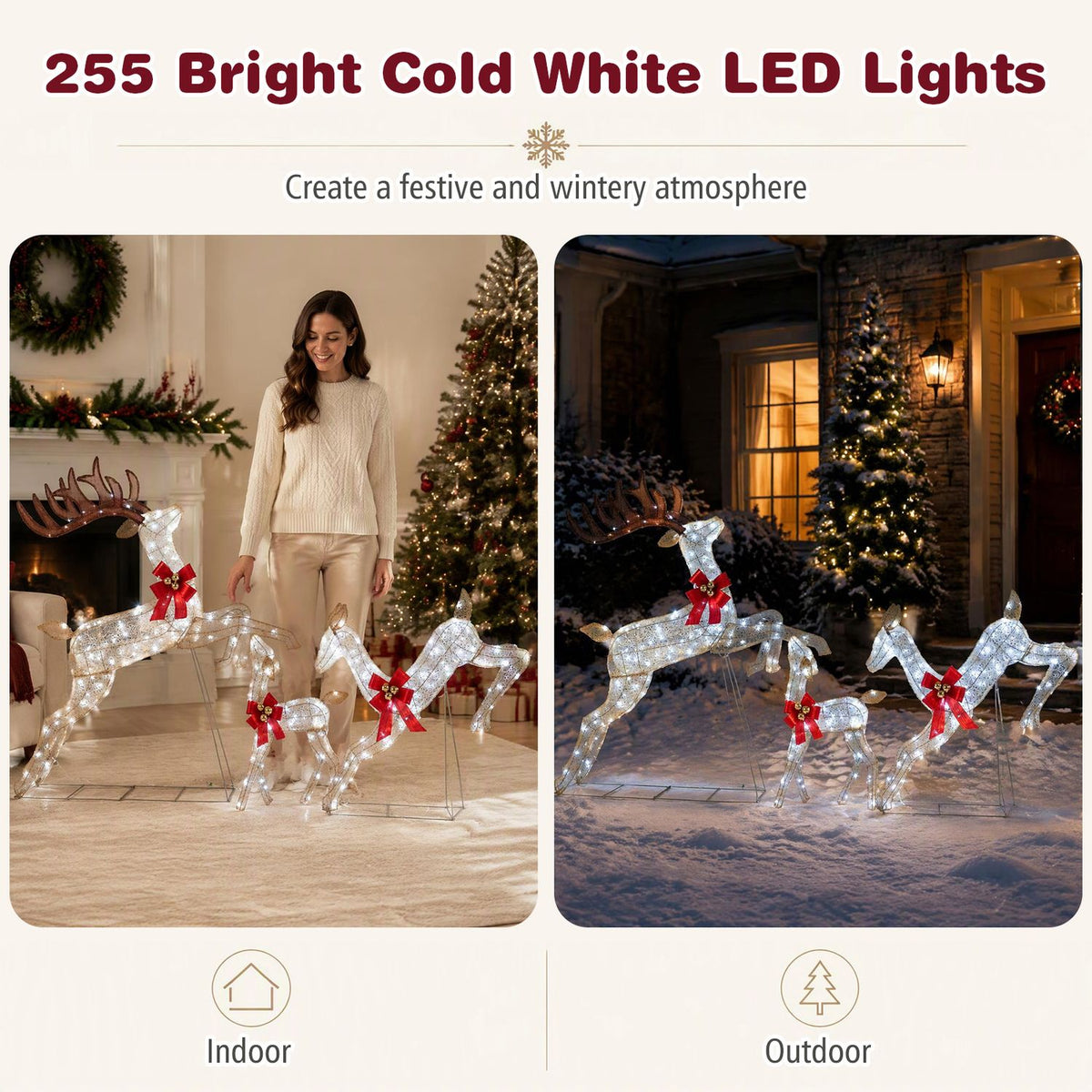 The illuminated reindeer family is displayed beside a woman indoors and in a snowy nighttime scene.