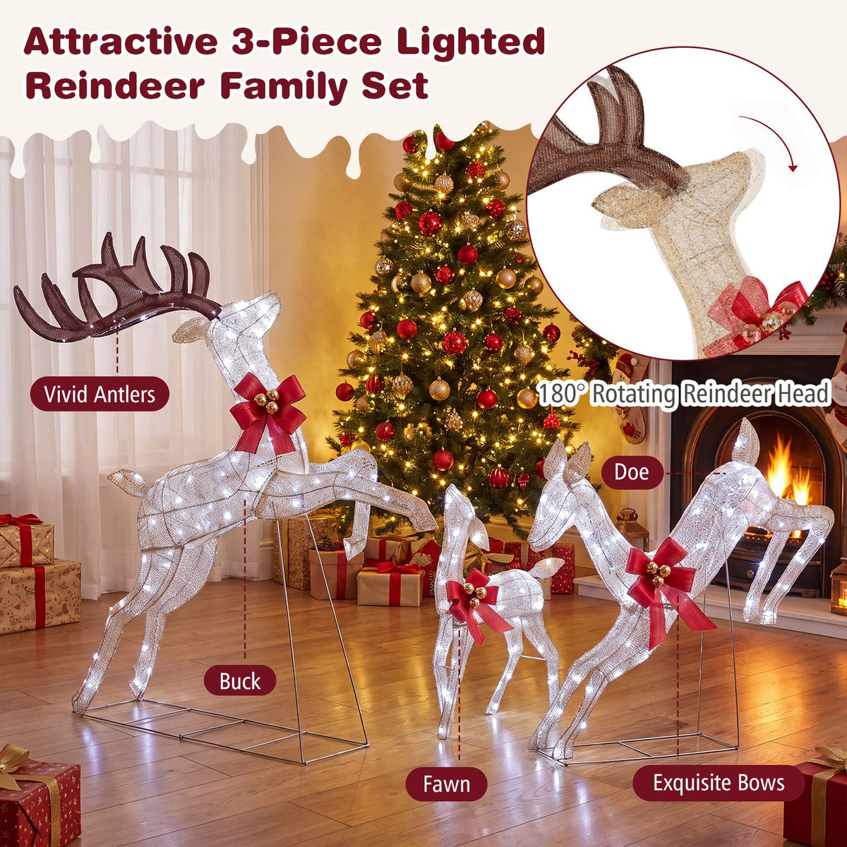 Three lit reindeer with red bows appear beside a circular close-up of one reindeer's head and antlers.