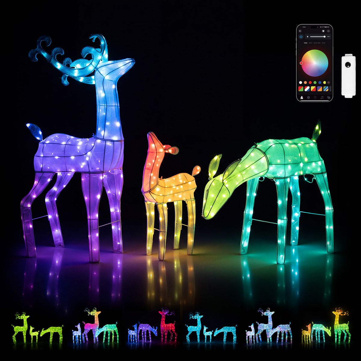 Colorful LED deer figures beside a phone app control graphic on a dark background
