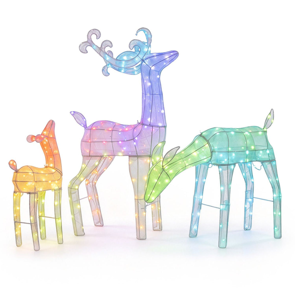 Buck, fawn and doe figures with colorful lights on a white background