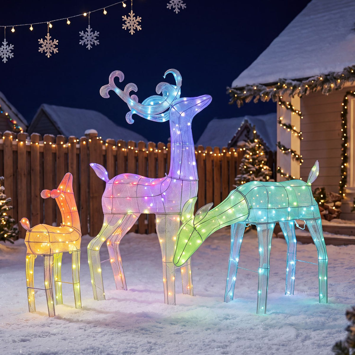 Three colorful illuminated deer figures standing in a snowy yard at night
