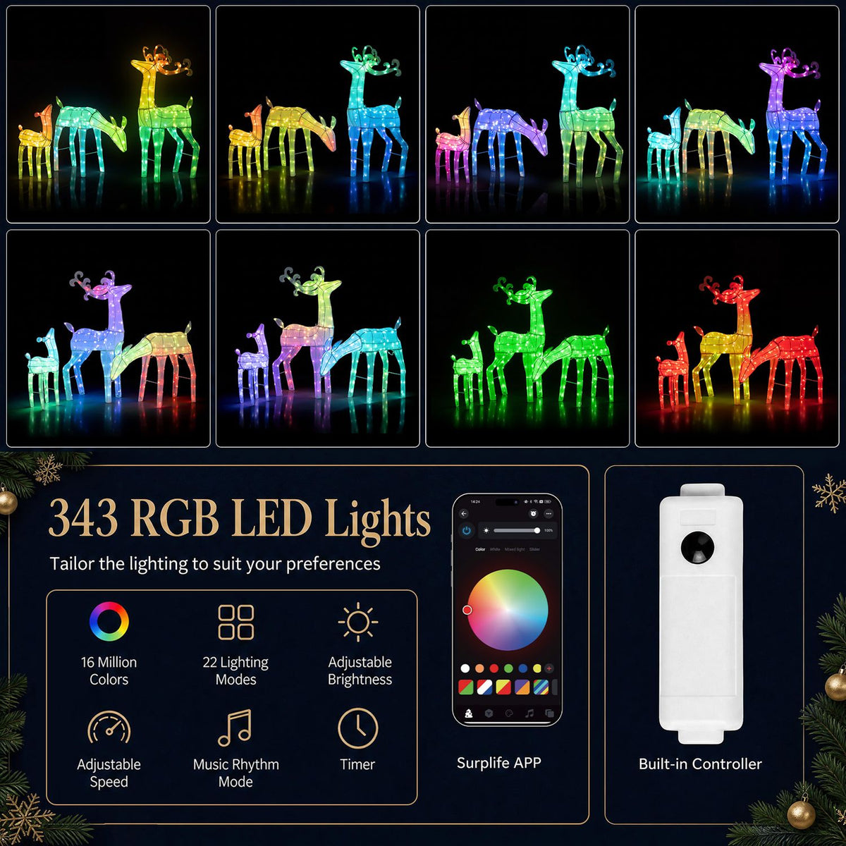 Lighting mode and app-control infographic for a colorful illuminated deer family