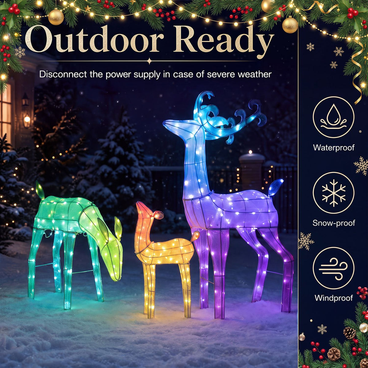 Three glowing deer stand in snow beneath a decorated holiday border.
