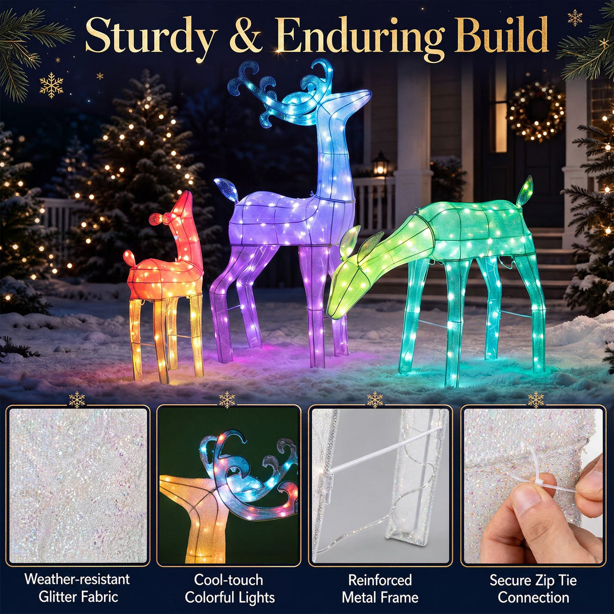 Three lit deer outdoors above close-ups of glittery fabric, a deer head, frame supports, and a fastener.