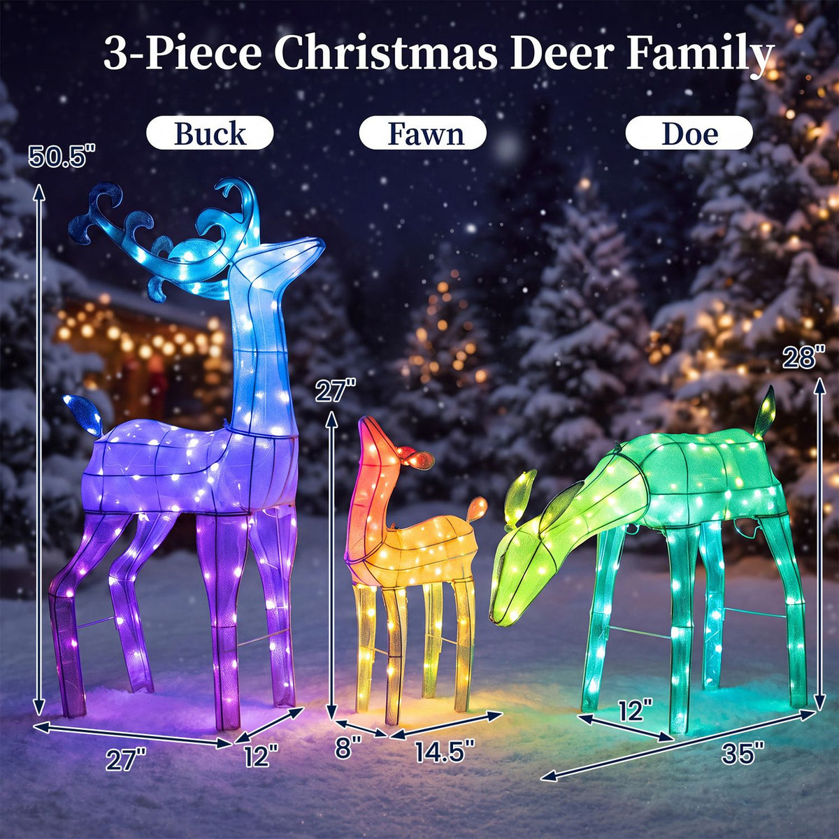 Illuminated deer family with labels and dimension markings against a night sky