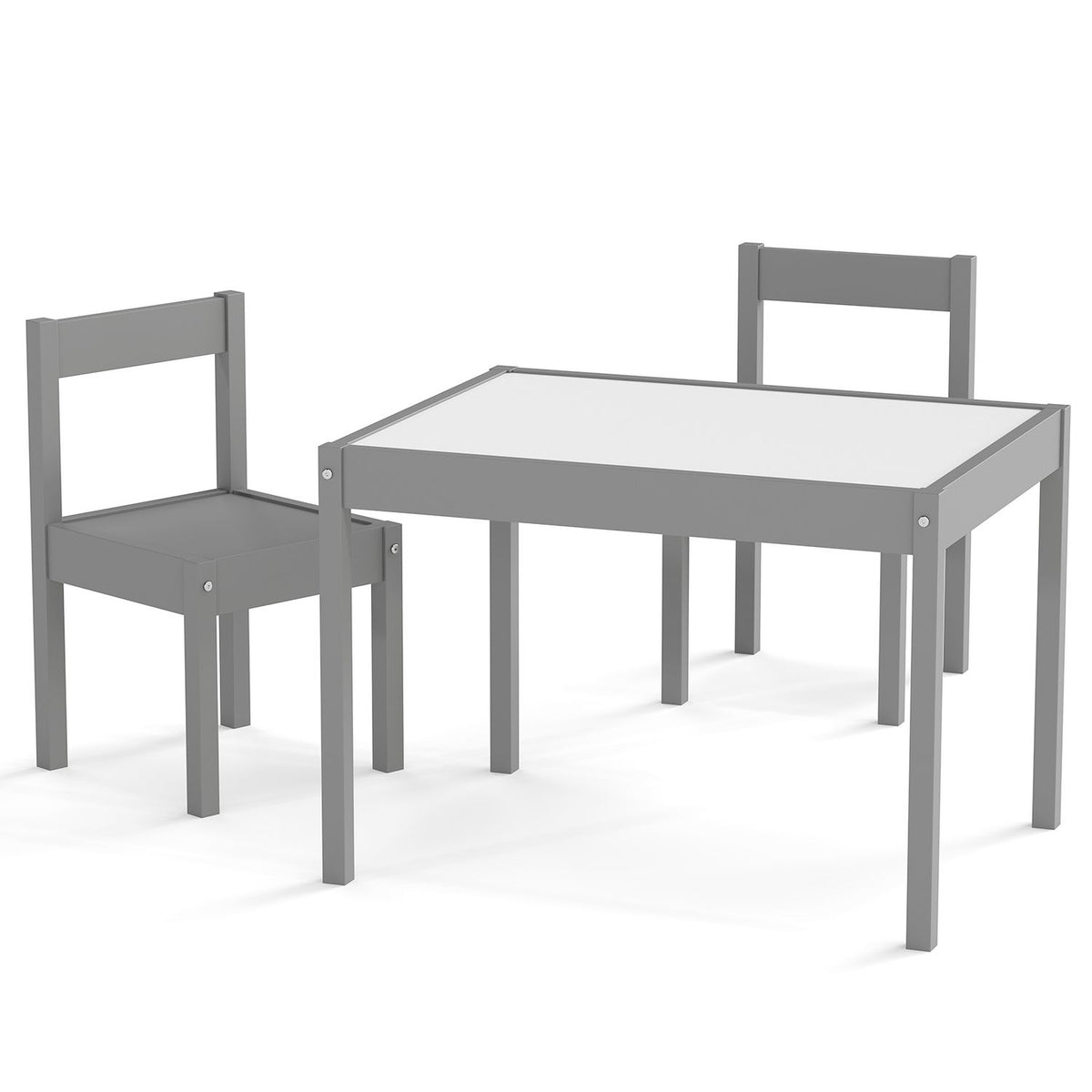 Gray toddler table with two matching chairs shown against a plain white background.