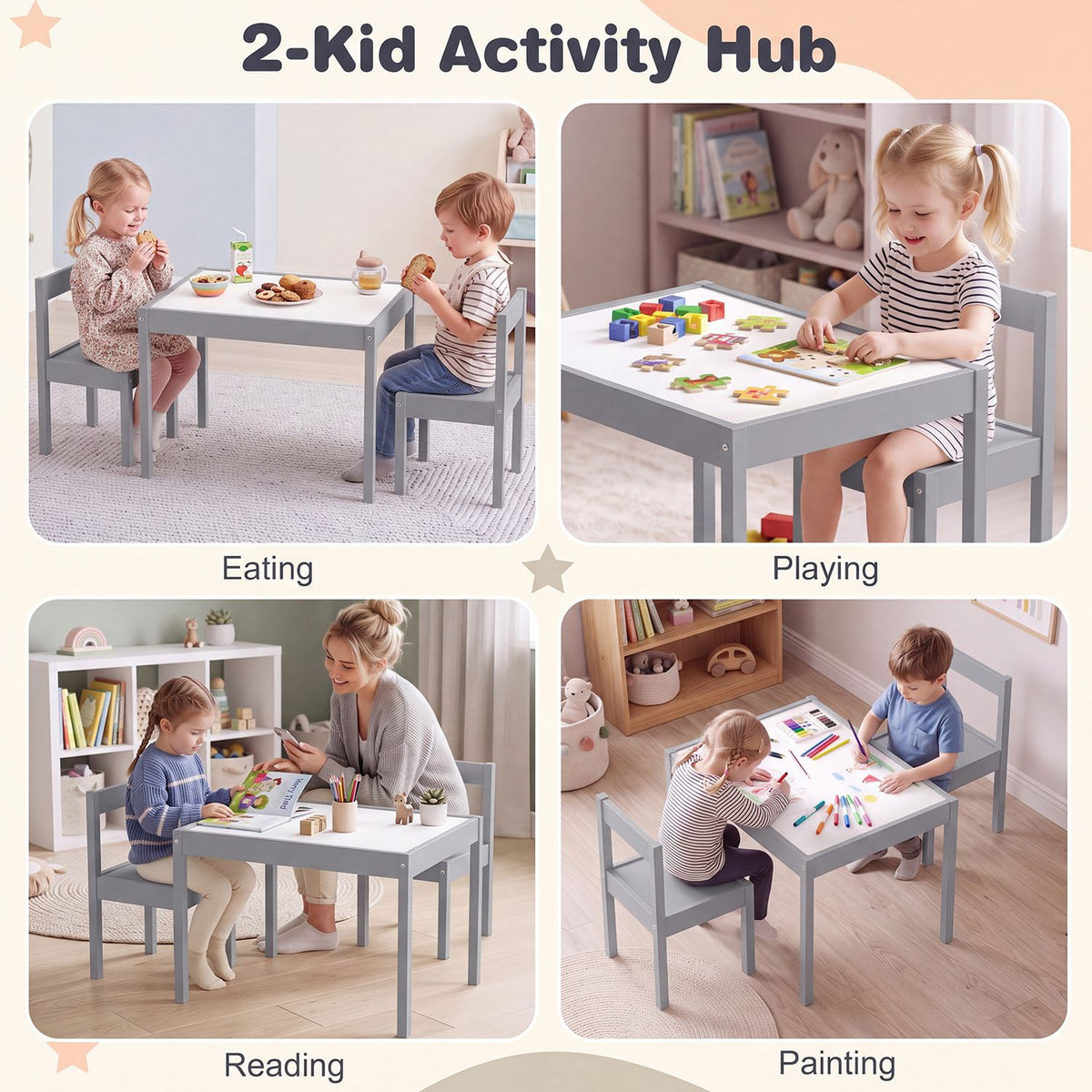 Four scenes show children using a gray table set for eating, playing, reading, and painting.