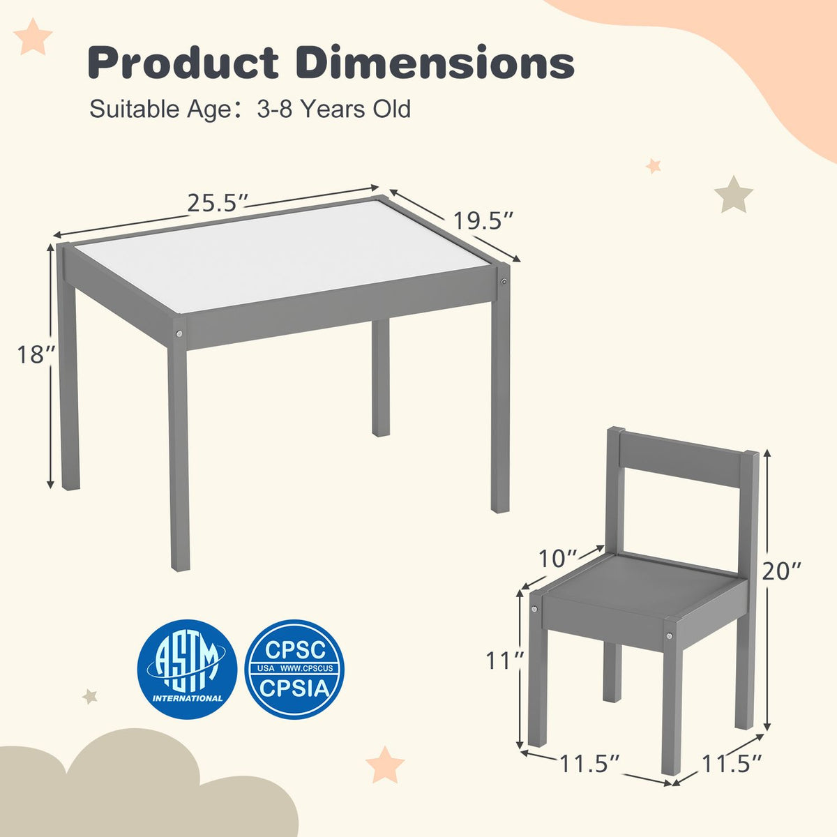 Gray child-sized table and chair shown from angled views with measurement arrows.