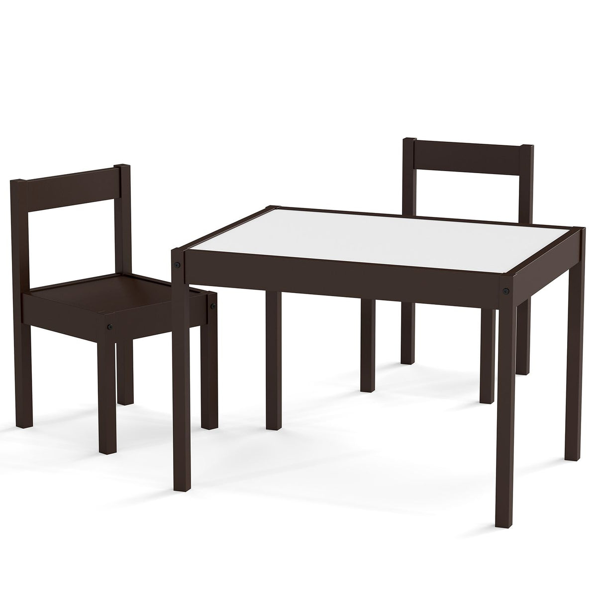 A dark wood table with a light-colored top and two matching chairs against a white background.