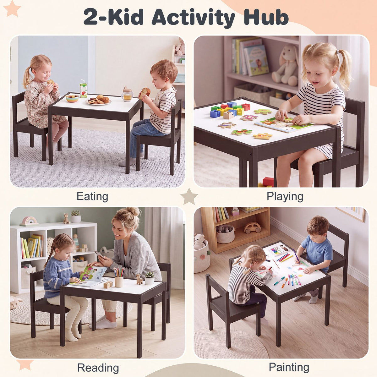 Four scenes show children using a small table and chairs for eating, playing, reading, and painting.